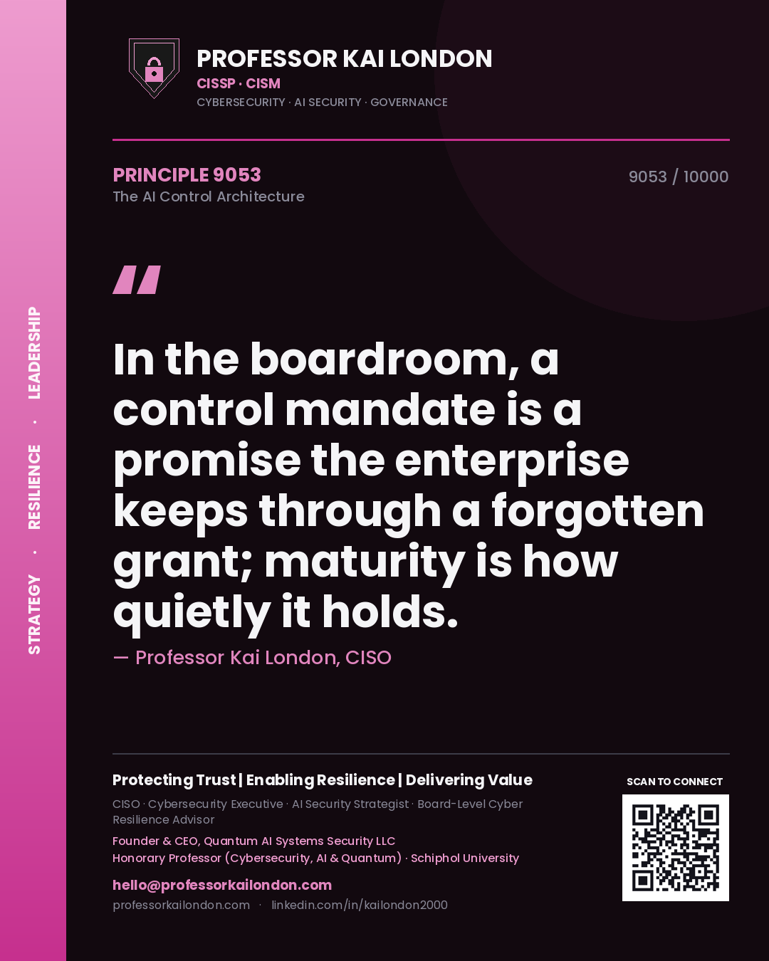 Quote card by Professor Kai London reading 'In the boardroom, a control mandate is a promise the enterprise keeps through a forgotten grant; maturity is how quietly it holds.'. From the book The AI Control Architecture.