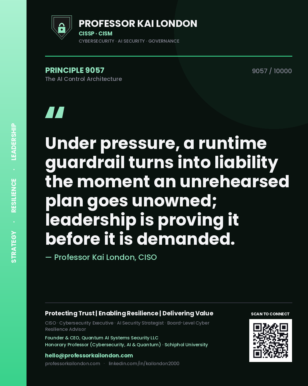 Quote card by Professor Kai London reading 'Under pressure, a runtime guardrail turns into liability the moment an unrehearsed plan goes unowned; leadership is proving it before it is demanded.'. From the book The AI Control Architecture.