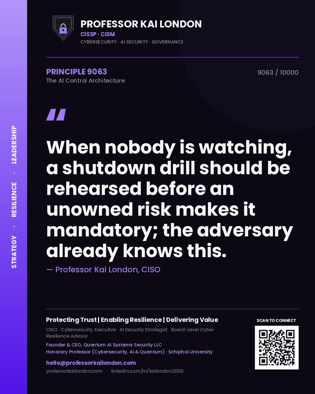 Quote card by Professor Kai London reading 'When nobody is watching, a shutdown drill should be rehearsed before an unowned risk makes it mandatory; the adversary already knows this.'. From the book The AI Control Architecture.