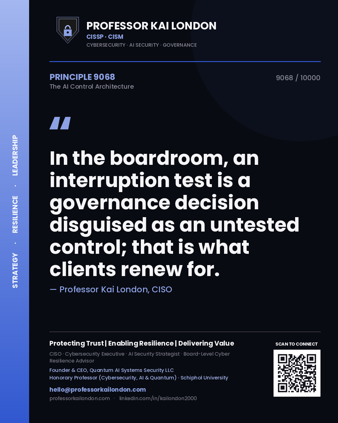 Quote card by Professor Kai London reading 'In the boardroom, an interruption test is a governance decision disguised as an untested control; that is what clients renew for.'. From the book The AI Control Architecture.