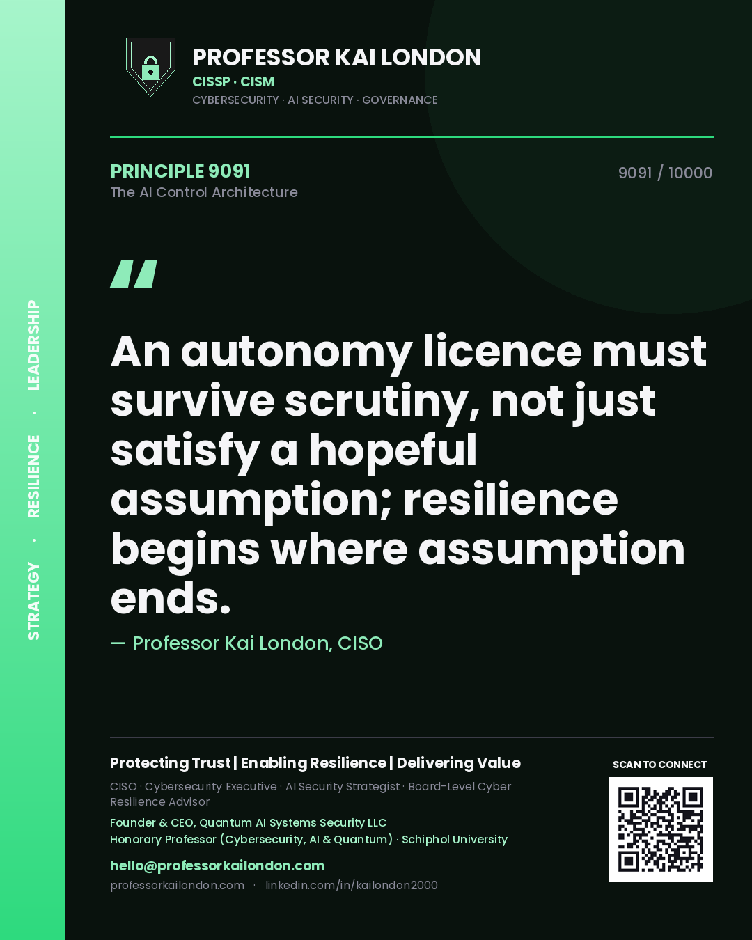 Quote card by Professor Kai London reading 'An autonomy licence must survive scrutiny, not just satisfy a hopeful assumption; resilience begins where assumption ends.'. From the book The AI Control Architecture.