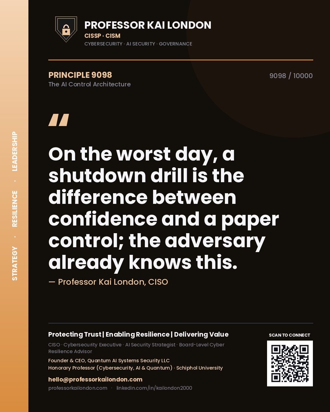 Quote card by Professor Kai London reading 'On the worst day, a shutdown drill is the difference between confidence and a paper control; the adversary already knows this.'. From the book The AI Control Architecture.