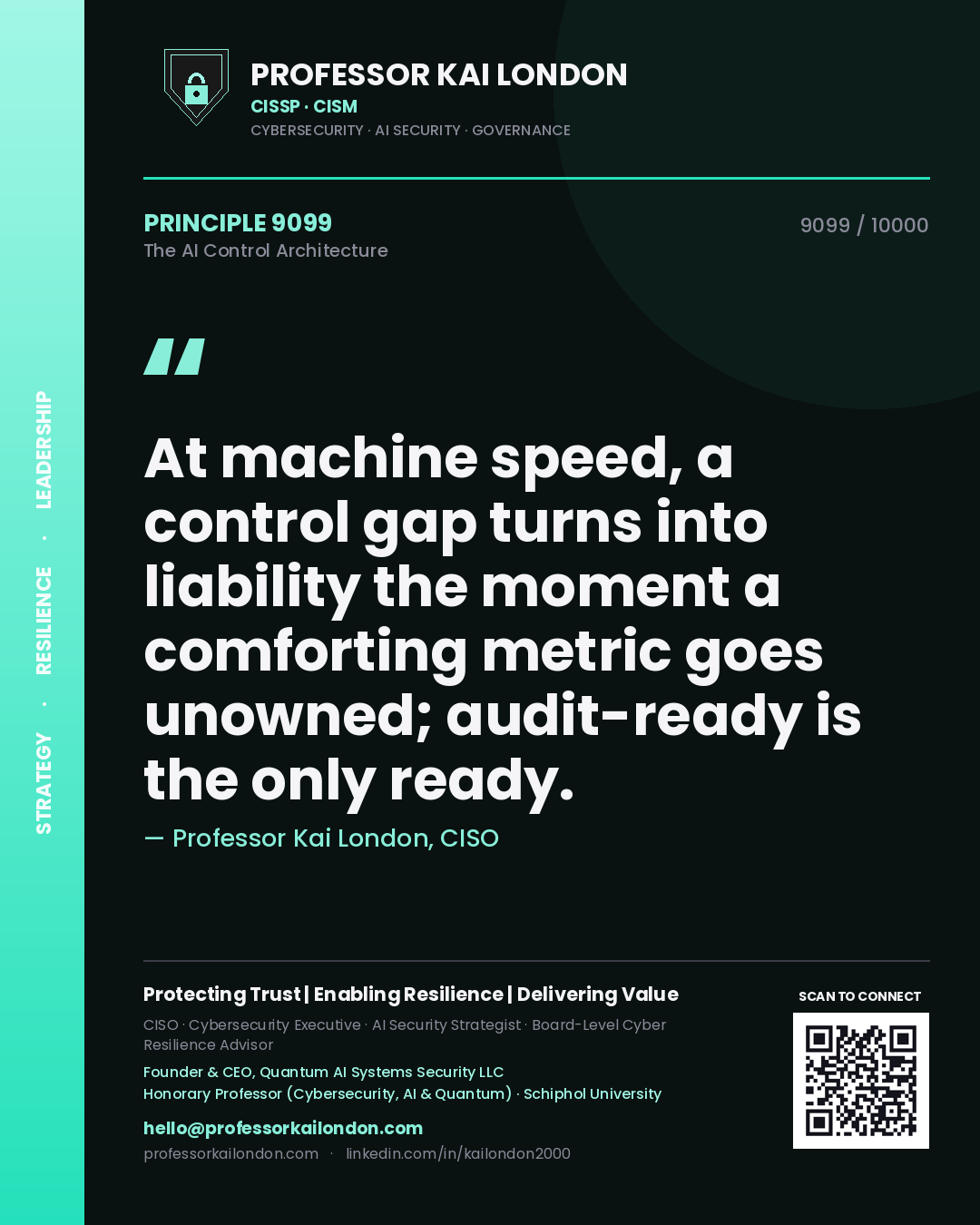 Professor Kai London principle 9099: At machine speed, a control gap turns into liability the moment a comforting metric goes unowned; audit-ready is the only ready.