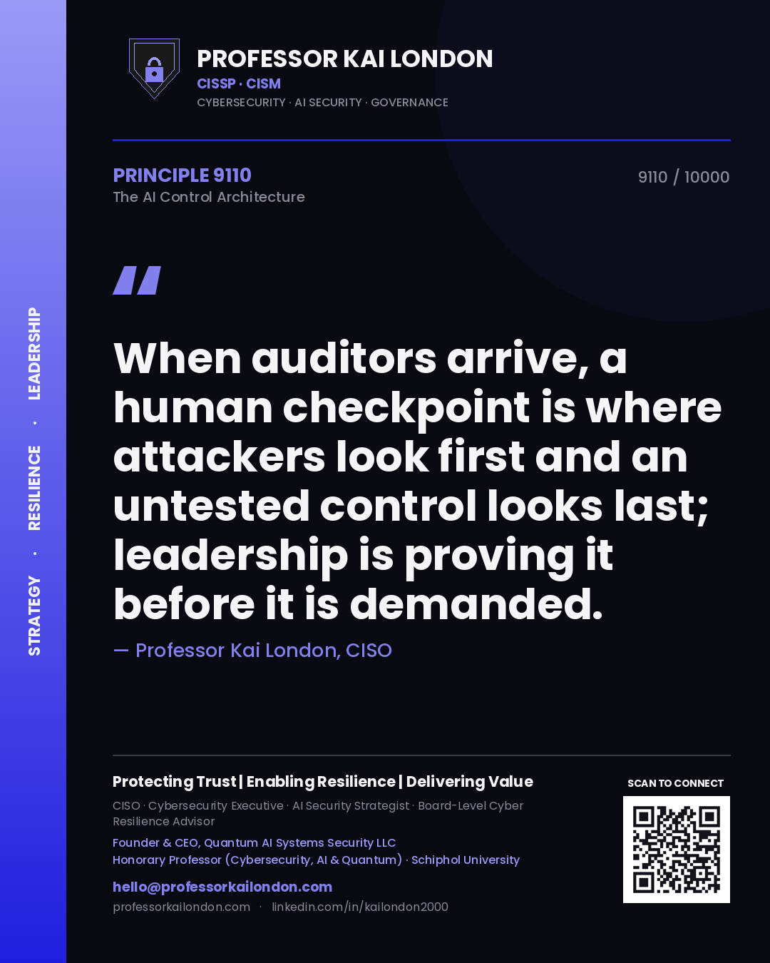 Quote card by Professor Kai London reading 'When auditors arrive, a human checkpoint is where attackers look first and an untested control looks last; leadership is proving it before it is demanded.'. From the book The AI Control Architecture.