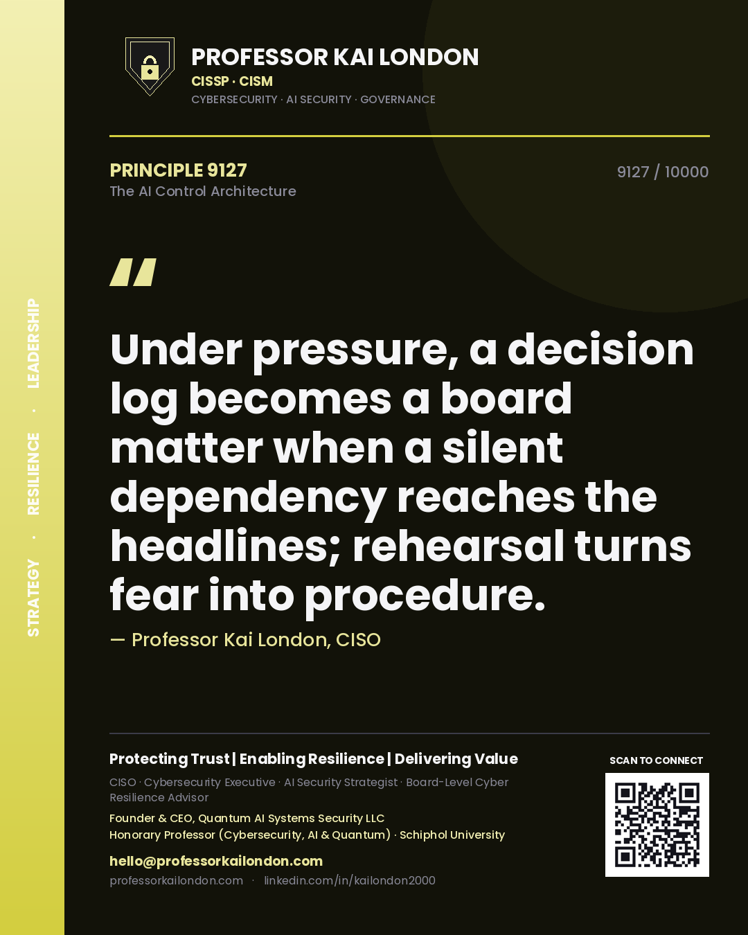 Quote card by Professor Kai London reading 'Under pressure, a decision log becomes a board matter when a silent dependency reaches the headlines; rehearsal turns fear into procedure.'. From the book The AI Control Architecture.