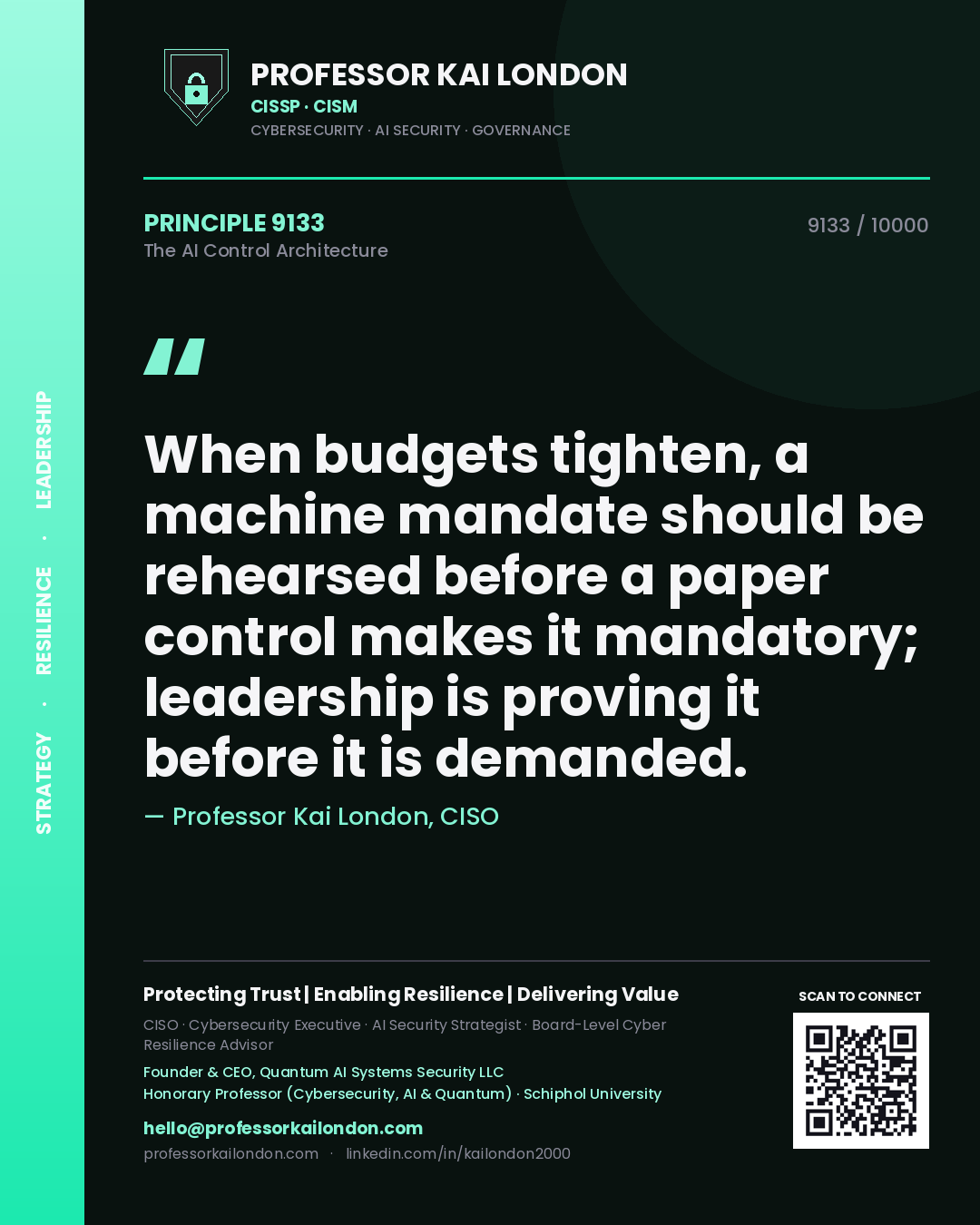 Quote card by Professor Kai London reading 'When budgets tighten, a machine mandate should be rehearsed before a paper control makes it mandatory; leadership is proving it before it is demanded.'. From the book The AI Control Architecture.