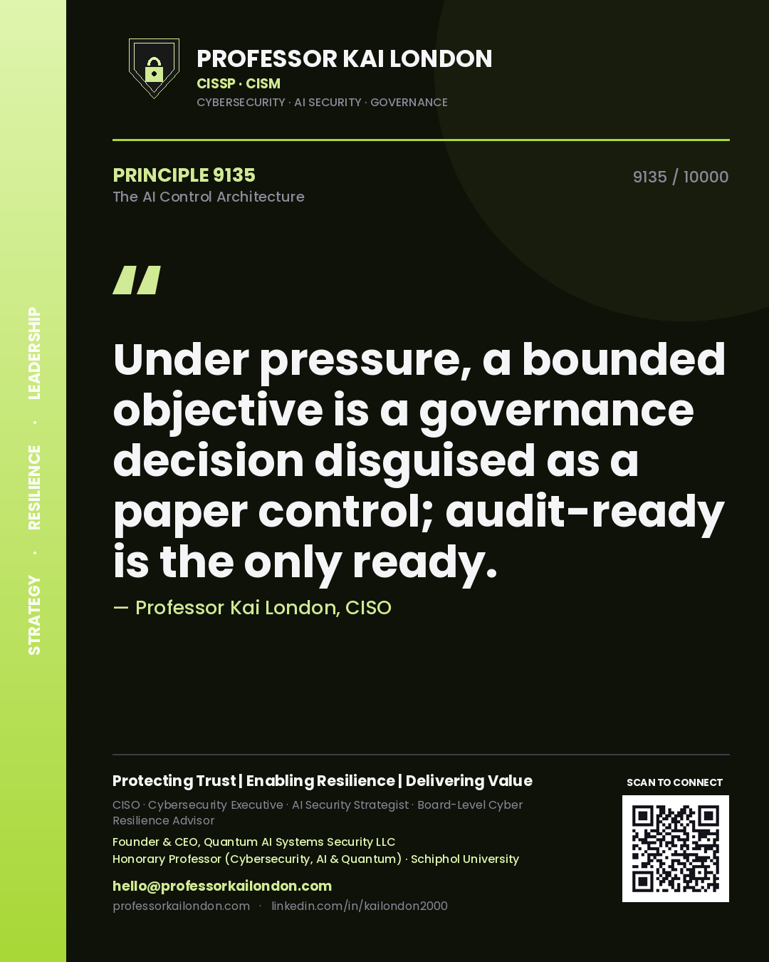 Quote card by Professor Kai London reading 'Under pressure, a bounded objective is a governance decision disguised as a paper control; audit-ready is the only ready.'. From the book The AI Control Architecture.