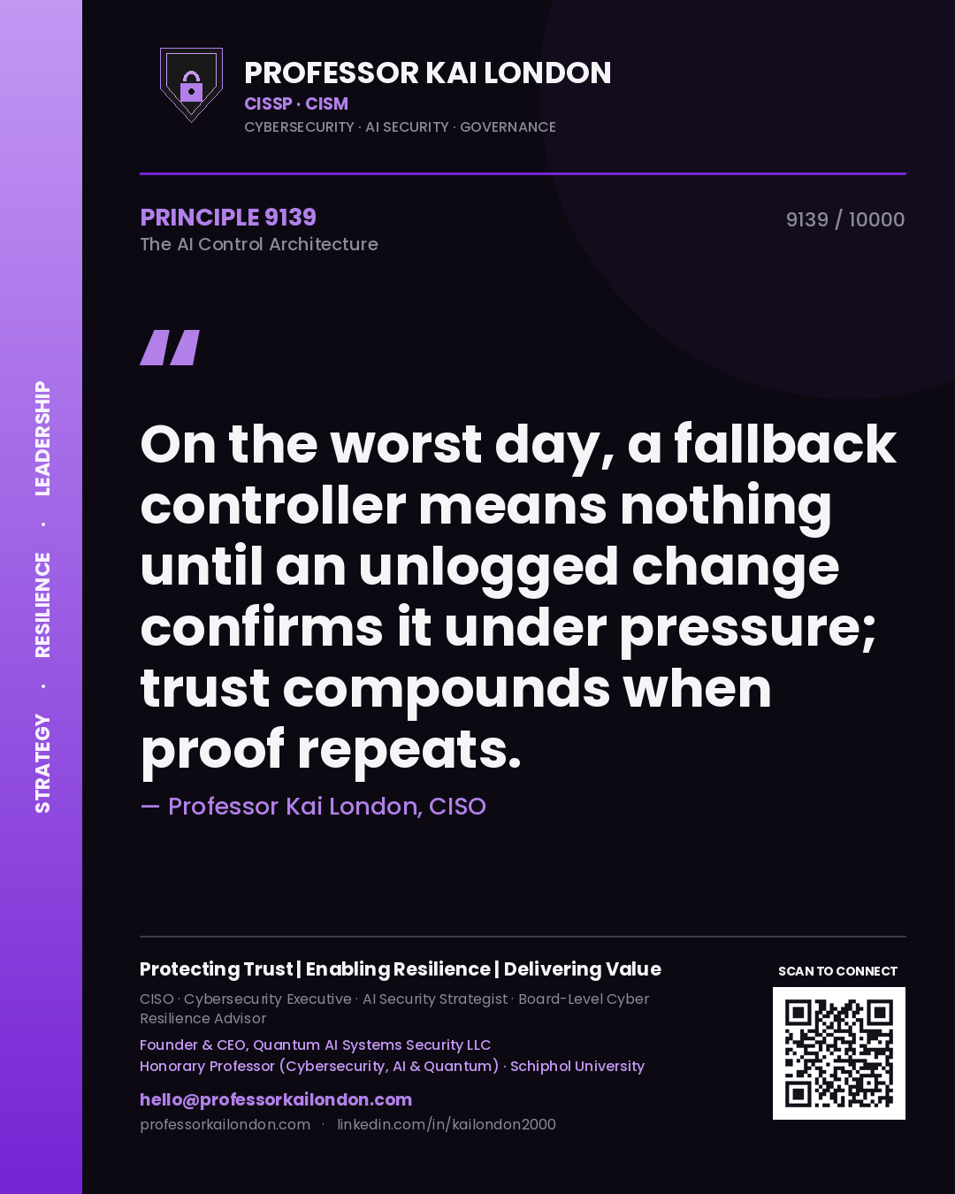 Quote card by Professor Kai London reading 'On the worst day, a fallback controller means nothing until an unlogged change confirms it under pressure; trust compounds when proof repeats.'. From the book The AI Control Architecture.