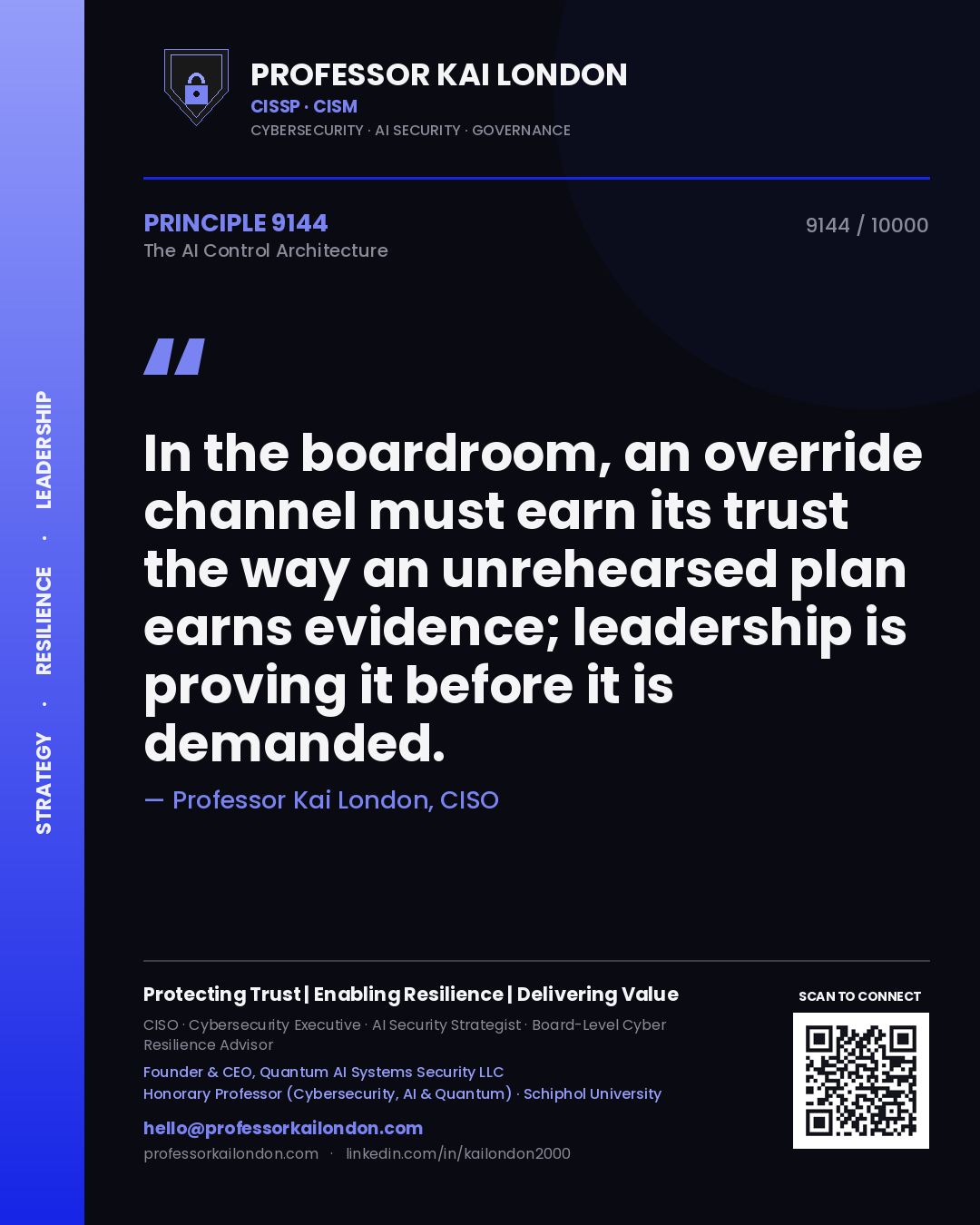 Quote card by Professor Kai London reading 'In the boardroom, an override channel must earn its trust the way an unrehearsed plan earns evidence; leadership is proving it before it is demanded.'. From the book The AI Control Architecture.