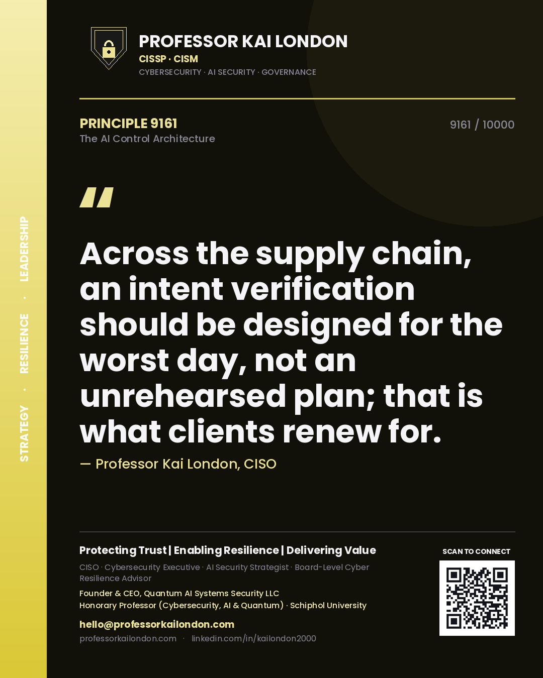 Quote card by Professor Kai London reading 'Across the supply chain, an intent verification should be designed for the worst day, not an unrehearsed plan; that is what clients renew for.'. From the book The AI Control Architecture.