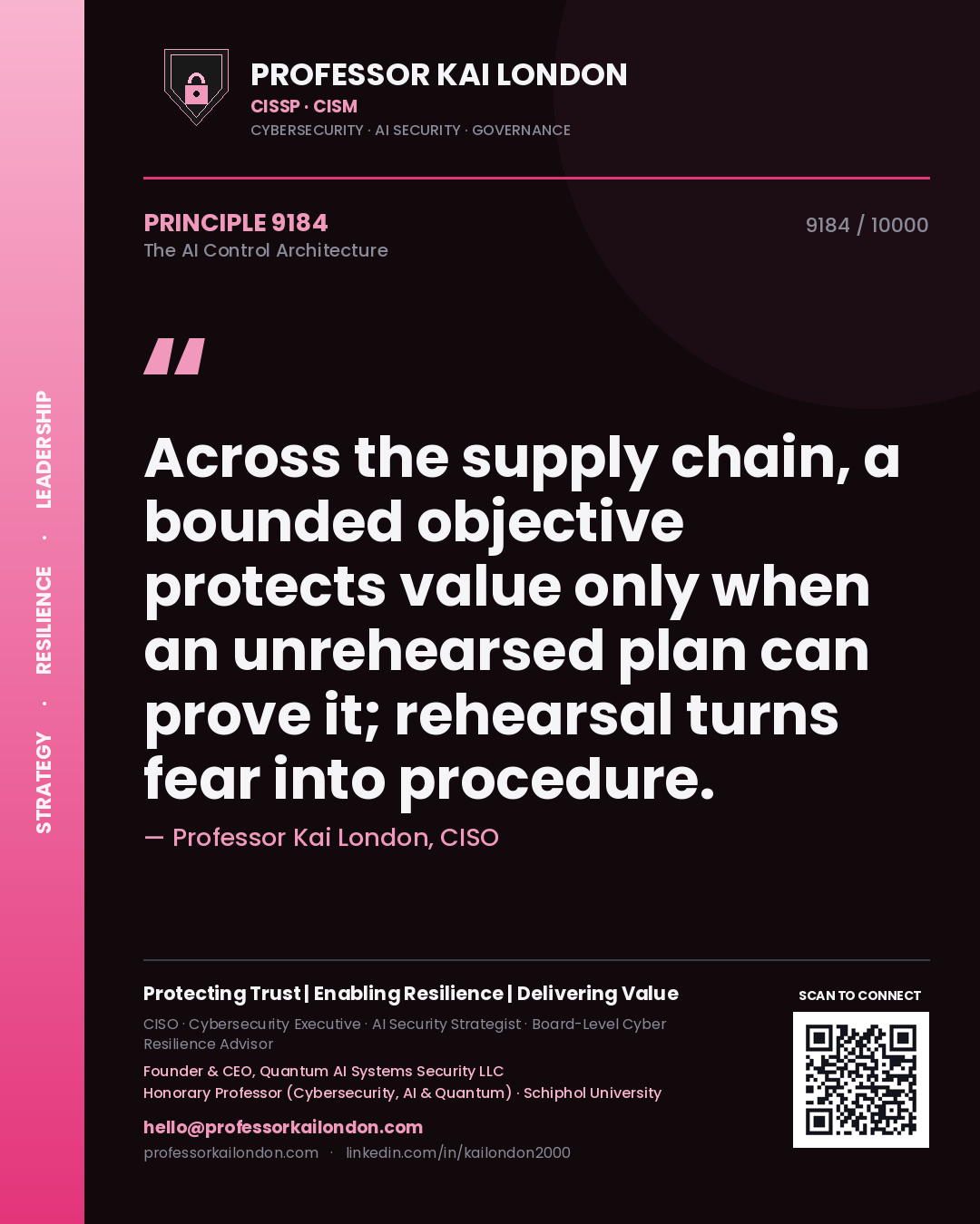 Quote card by Professor Kai London reading 'Across the supply chain, a bounded objective protects value only when an unrehearsed plan can prove it; rehearsal turns fear into procedure.'. From the book The AI Control Architecture.