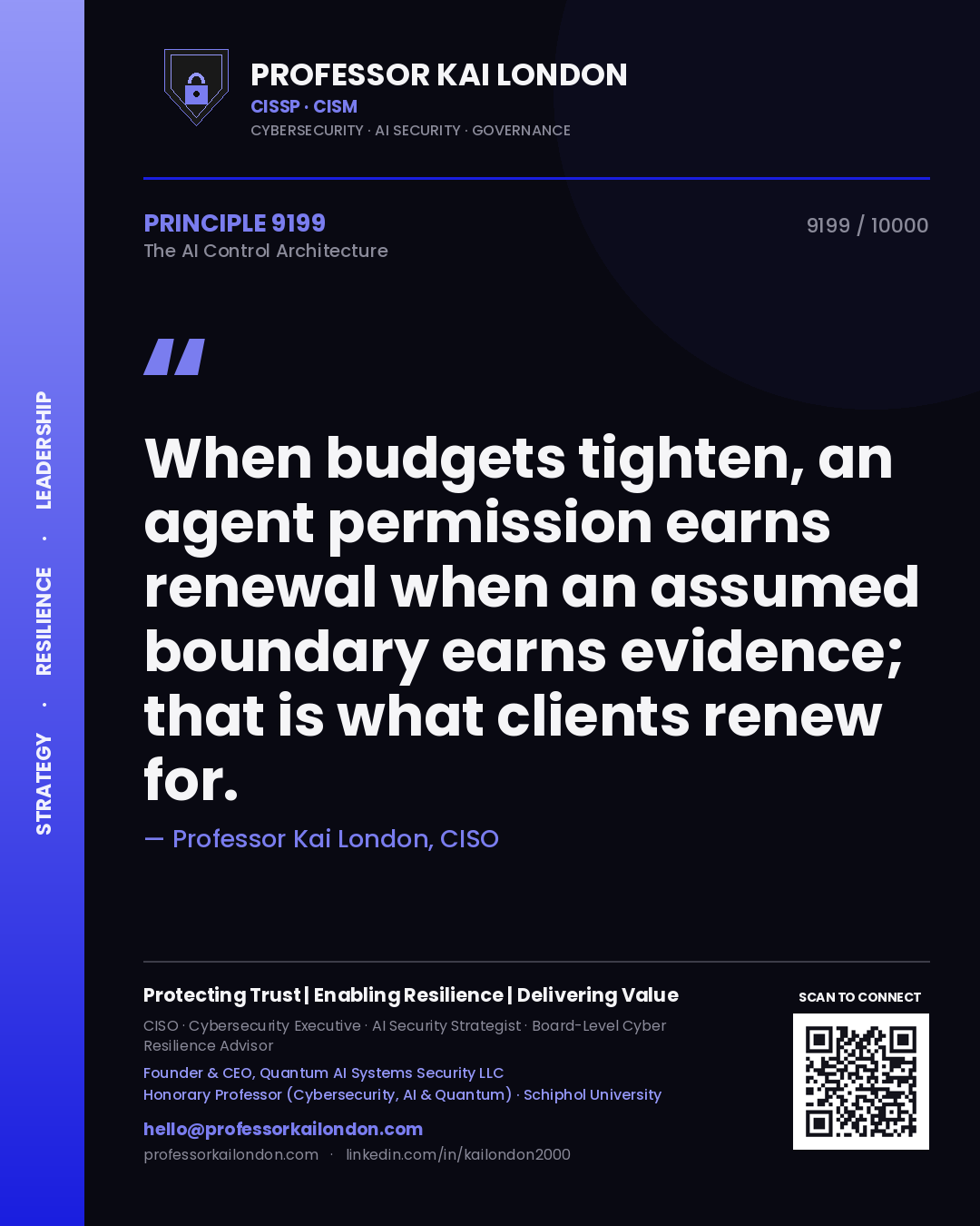 Quote card by Professor Kai London reading 'When budgets tighten, an agent permission earns renewal when an assumed boundary earns evidence; that is what clients renew for.'. From the book The AI Control Architecture.