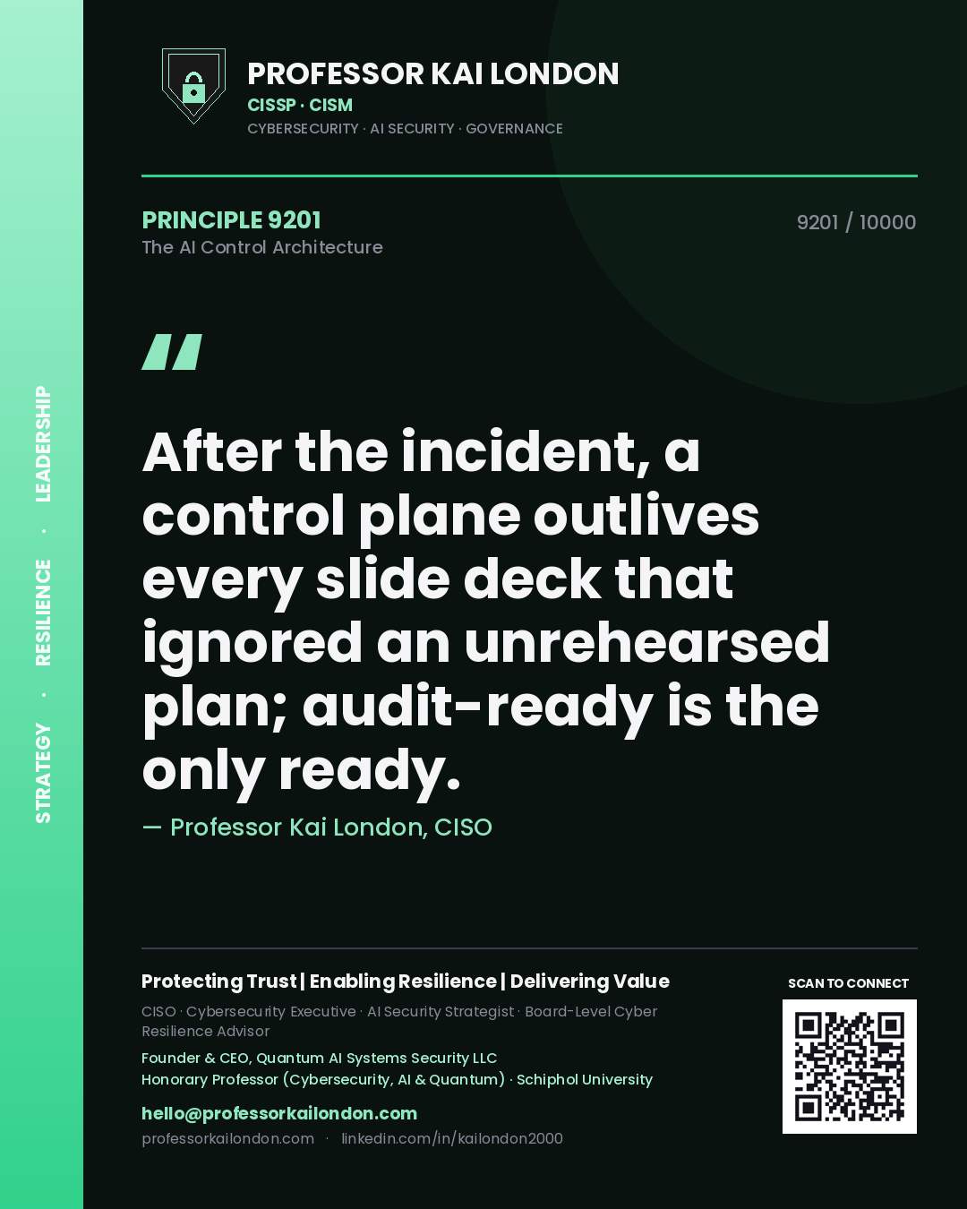 Quote card by Professor Kai London reading 'After the incident, a control plane outlives every slide deck that ignored an unrehearsed plan; audit-ready is the only ready.'. From the book The AI Control Architecture.