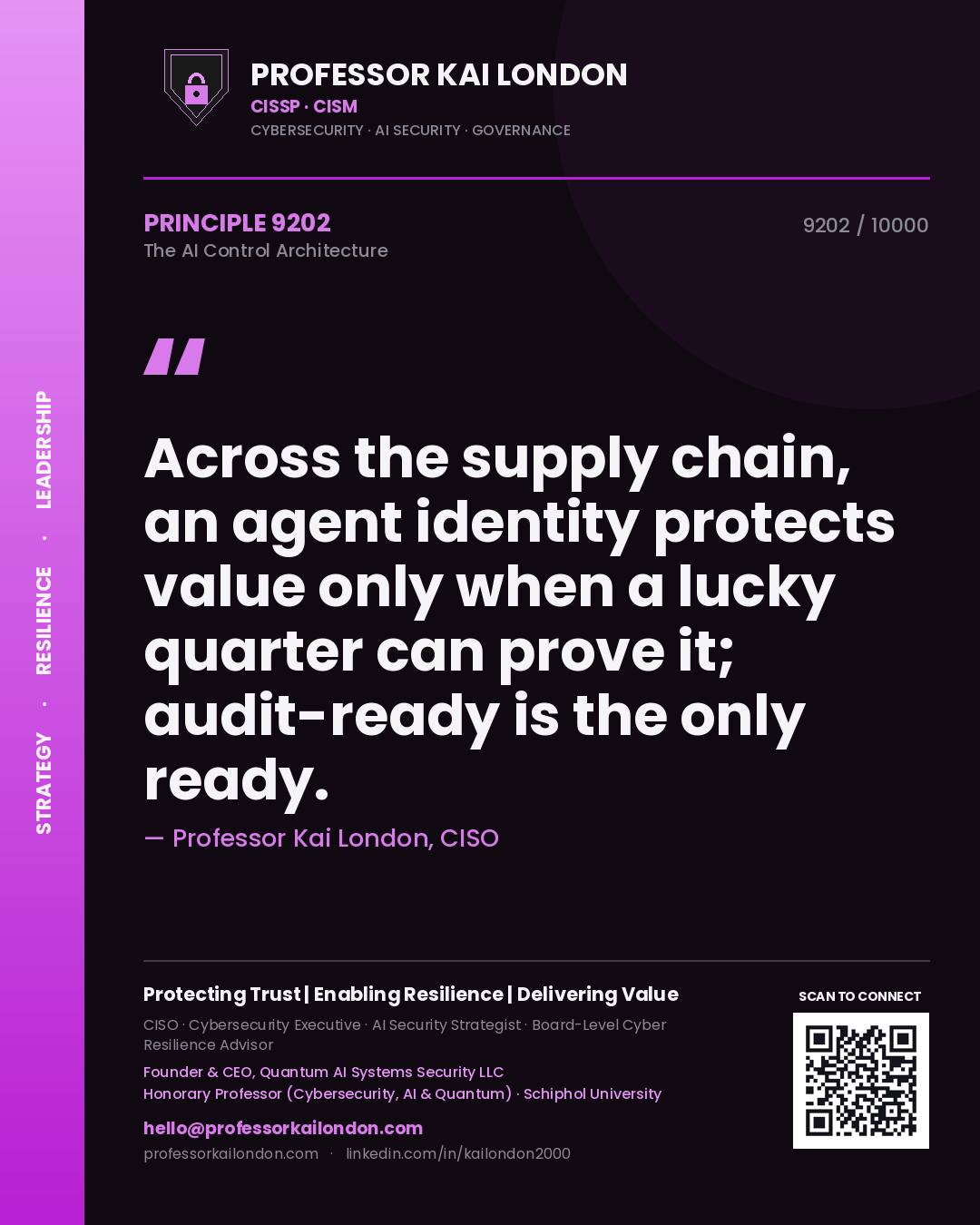 Professor Kai London principle 9202: Across the supply chain, an agent identity protects value only when a lucky quarter can prove it; audit-ready is the only ready.