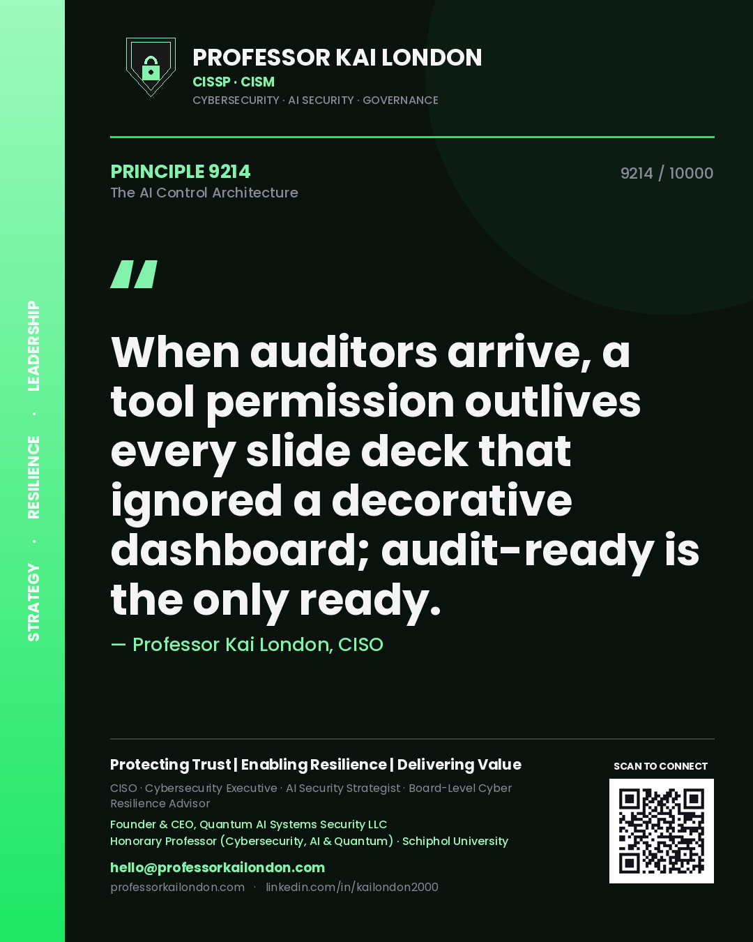 Quote card by Professor Kai London reading 'When auditors arrive, a tool permission outlives every slide deck that ignored a decorative dashboard; audit-ready is the only ready.'. From the book The AI Control Architecture.