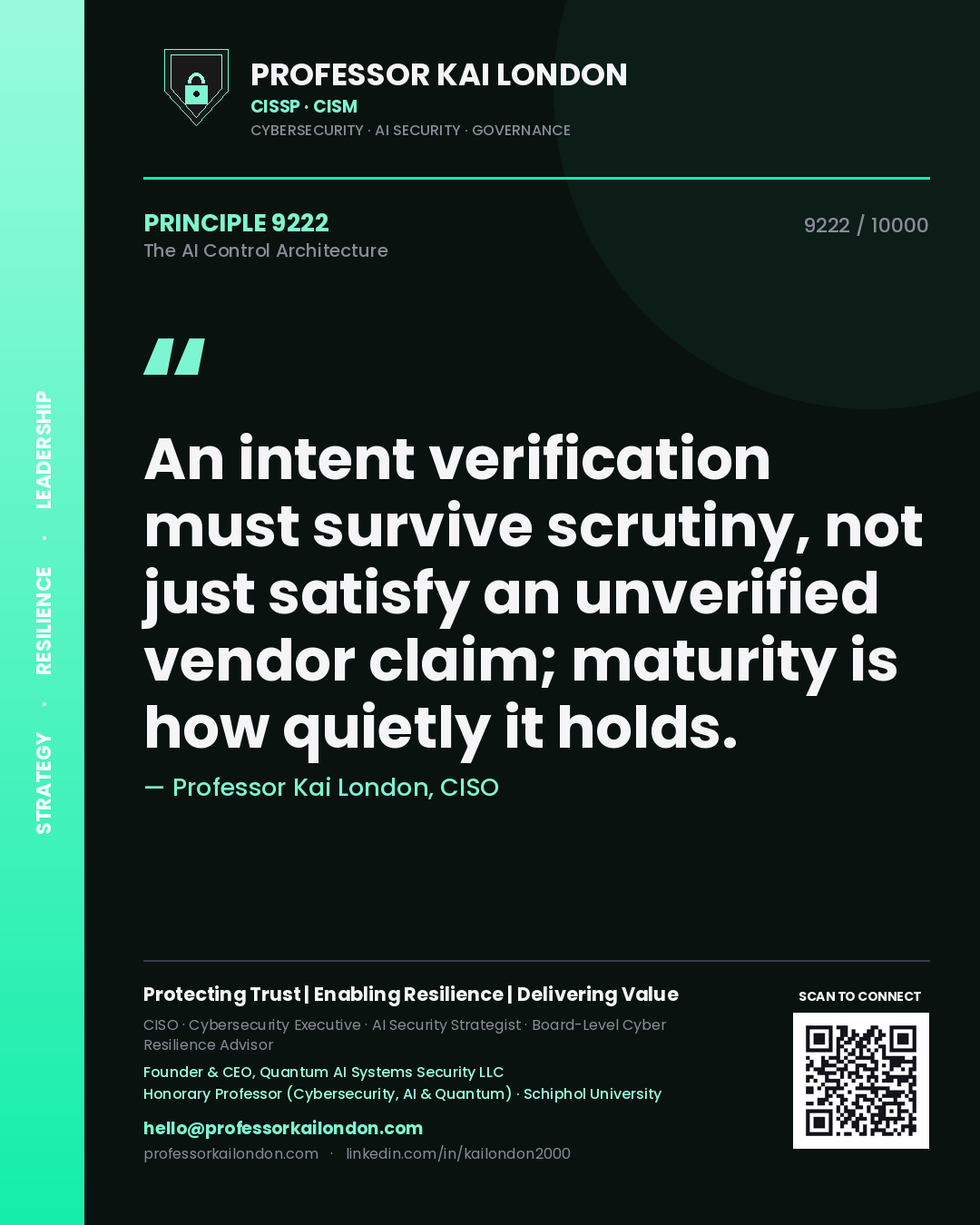 Quote card by Professor Kai London reading 'An intent verification must survive scrutiny, not just satisfy an unverified vendor claim; maturity is how quietly it holds.'. From the book The AI Control Architecture.
