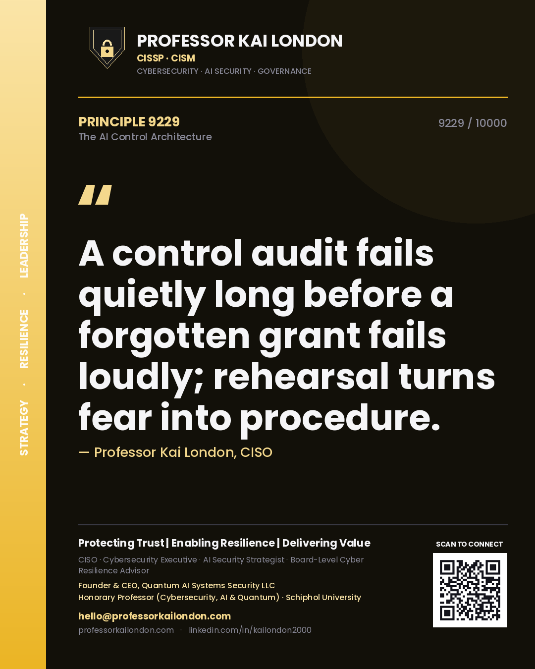 Quote card by Professor Kai London reading 'A control audit fails quietly long before a forgotten grant fails loudly; rehearsal turns fear into procedure.'. From the book The AI Control Architecture.