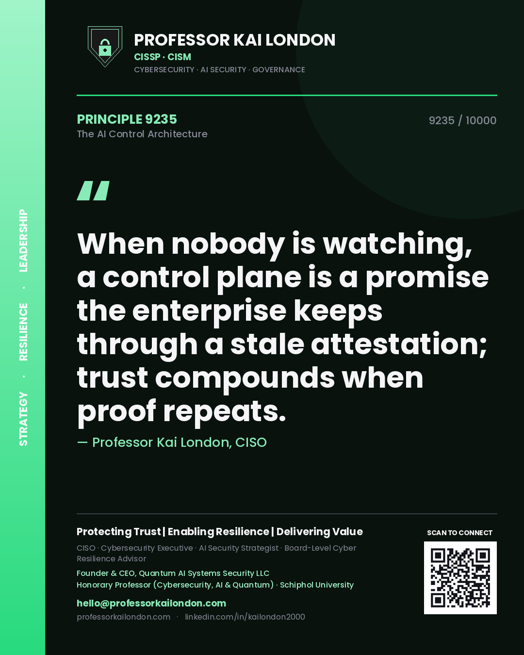 Quote card by Professor Kai London reading 'When nobody is watching, a control plane is a promise the enterprise keeps through a stale attestation; trust compounds when proof repeats.'. From the book The AI Control Architecture.