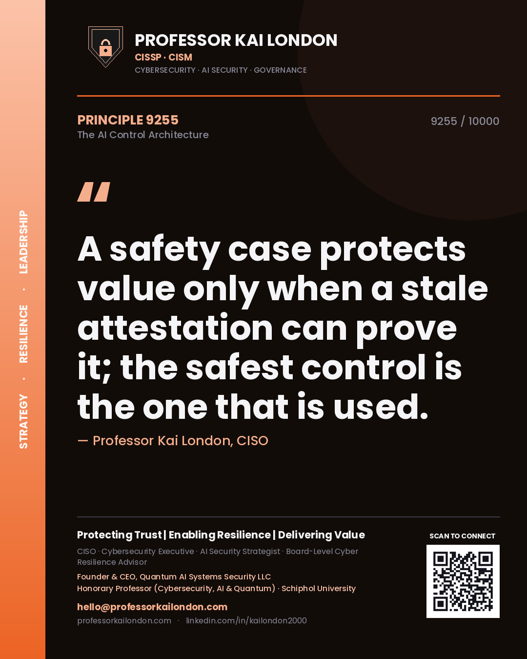 Quote card by Professor Kai London reading 'A safety case protects value only when a stale attestation can prove it; the safest control is the one that is used.'. From the book The AI Control Architecture.
