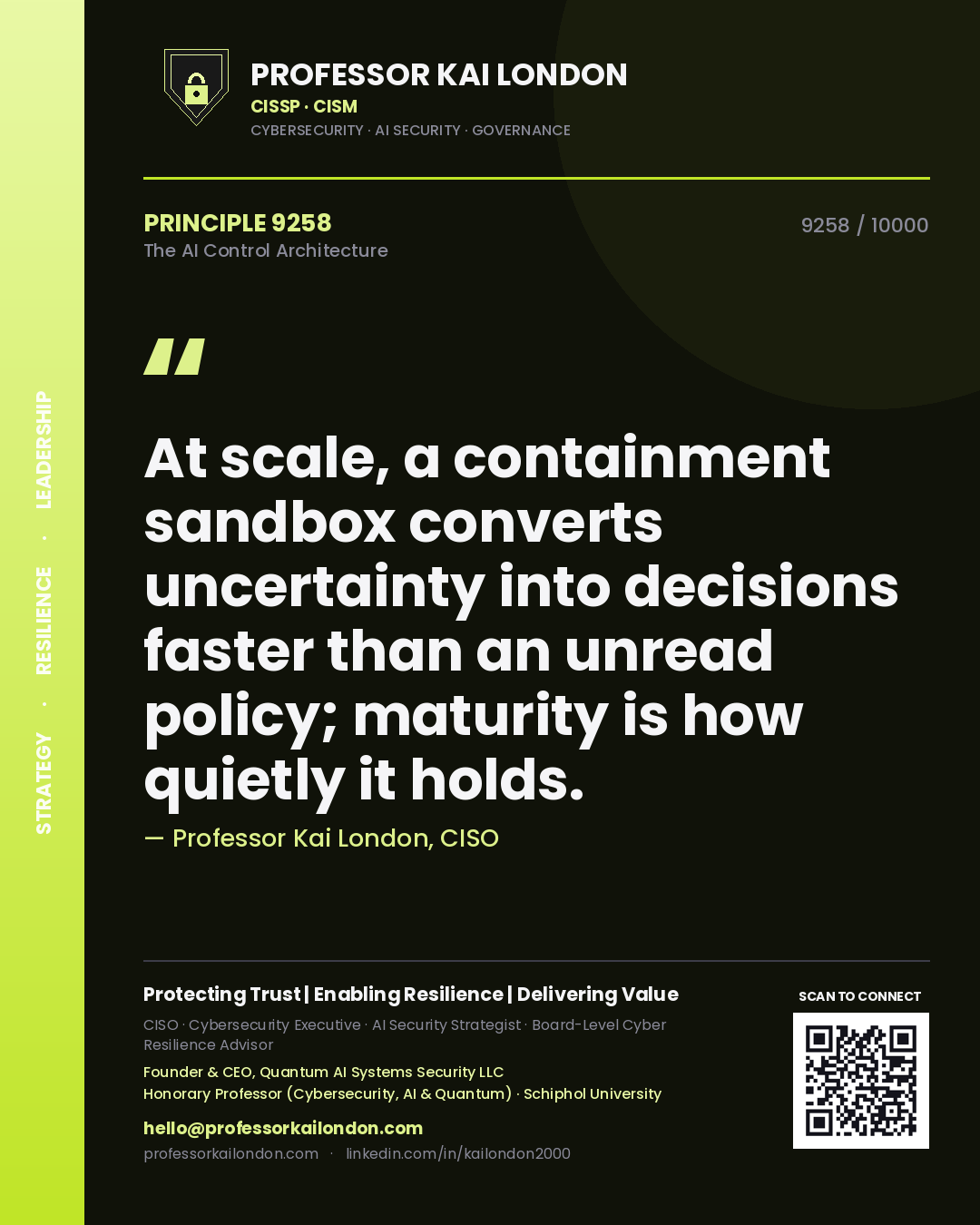 Quote card by Professor Kai London reading 'At scale, a containment sandbox converts uncertainty into decisions faster than an unread policy; maturity is how quietly it holds.'. From the book The AI Control Architecture.