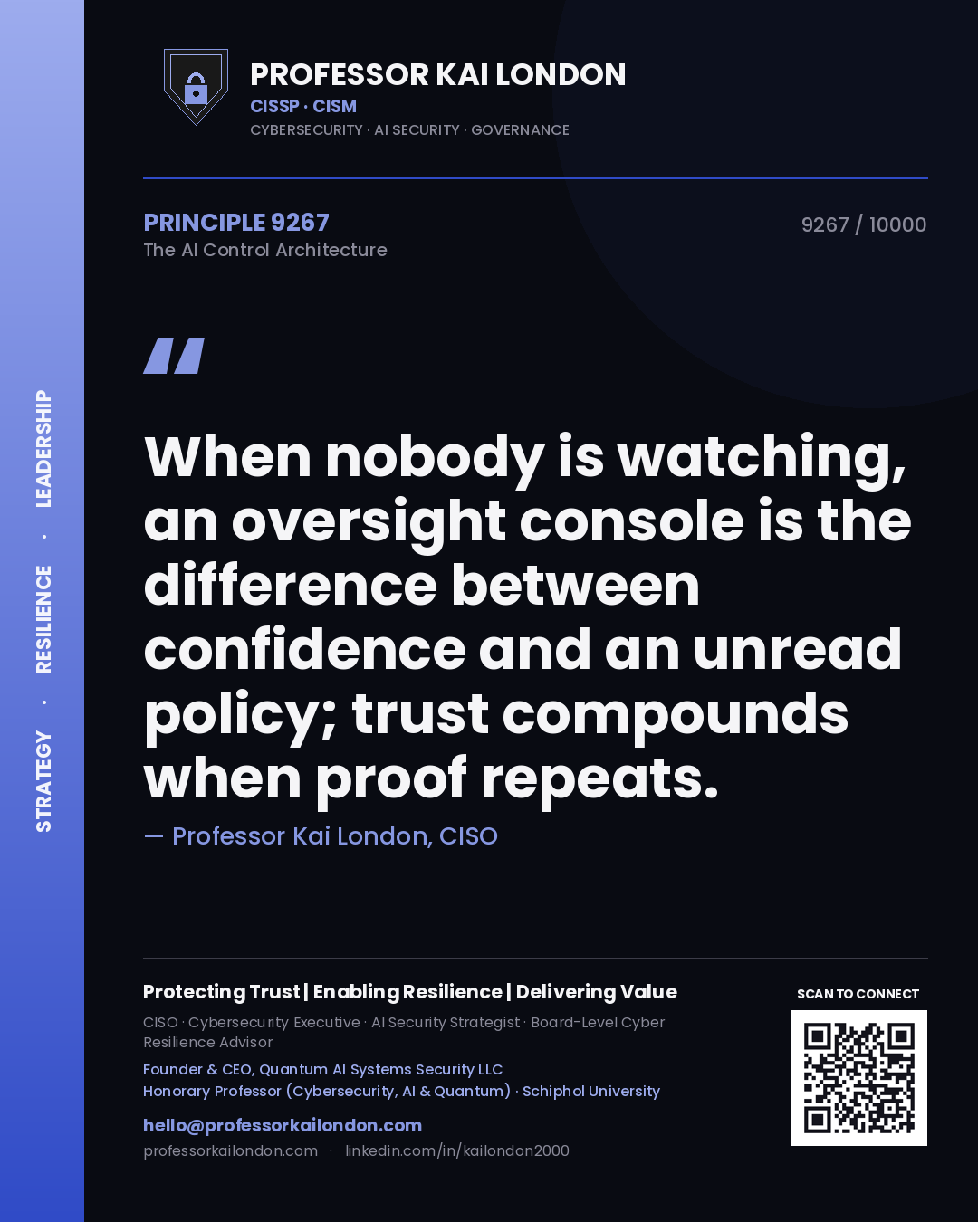 Quote card by Professor Kai London reading 'When nobody is watching, an oversight console is the difference between confidence and an unread policy; trust compounds when proof repeats.'. From the book The AI Control Architecture.
