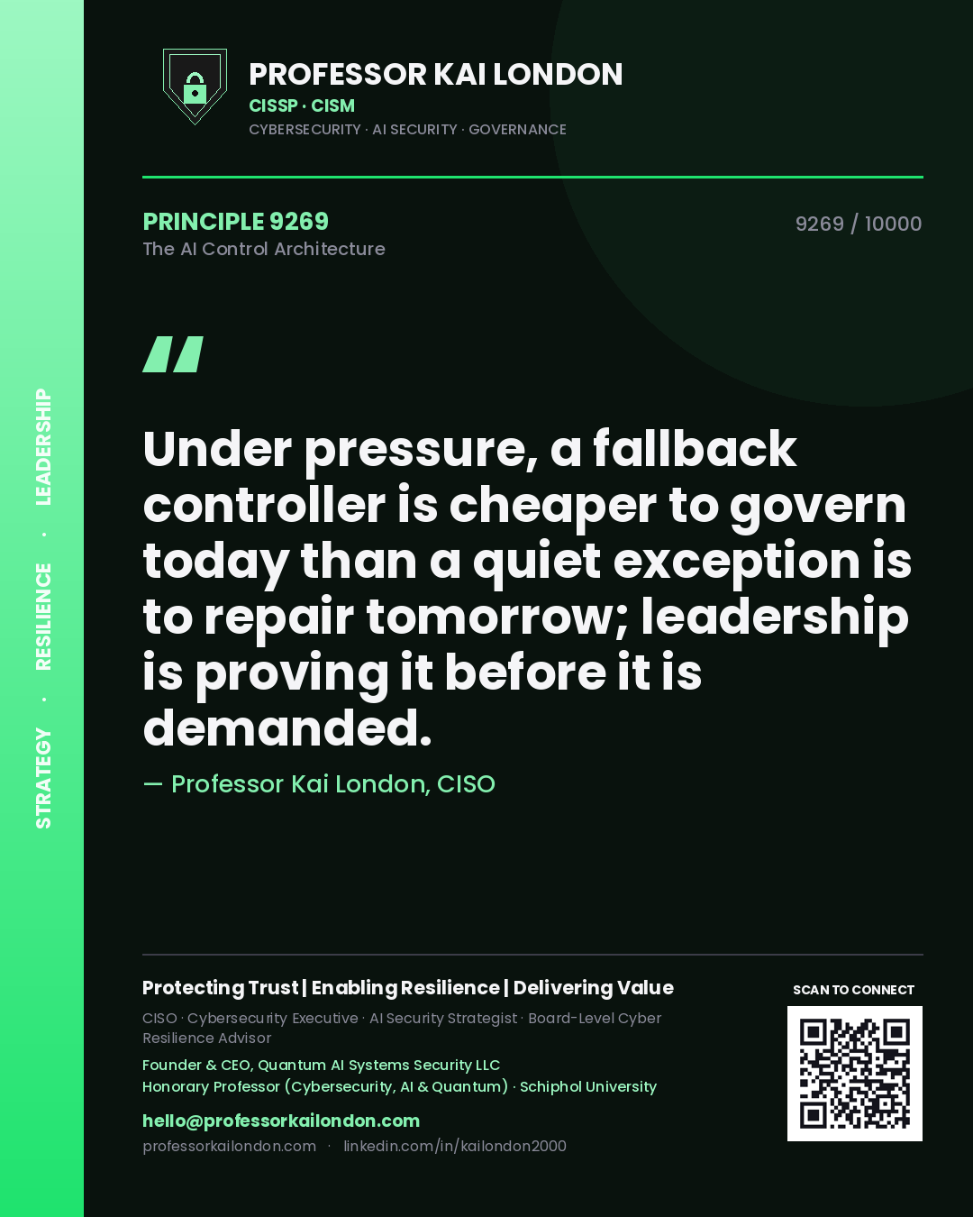 Quote card by Professor Kai London reading 'Under pressure, a fallback controller is cheaper to govern today than a quiet exception is to repair tomorrow; leadership is proving it before it is demanded.'. From the book The AI Control Architecture.