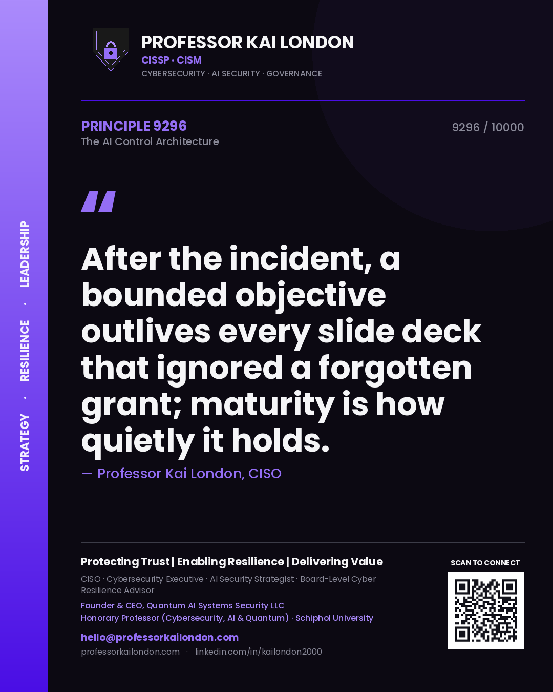Quote card by Professor Kai London reading 'After the incident, a bounded objective outlives every slide deck that ignored a forgotten grant; maturity is how quietly it holds.'. From the book The AI Control Architecture.