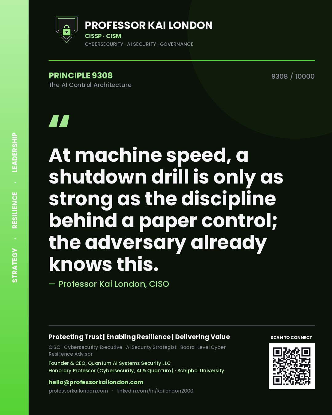 Quote card by Professor Kai London reading 'At machine speed, a shutdown drill is only as strong as the discipline behind a paper control; the adversary already knows this.'. From the book The AI Control Architecture.