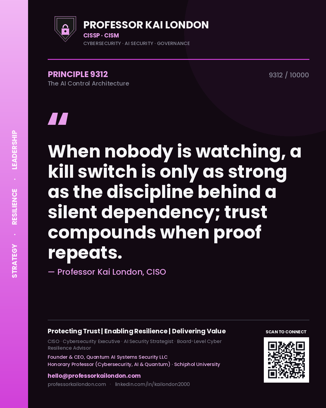 Quote card by Professor Kai London reading 'When nobody is watching, a kill switch is only as strong as the discipline behind a silent dependency; trust compounds when proof repeats.'. From the book The AI Control Architecture.