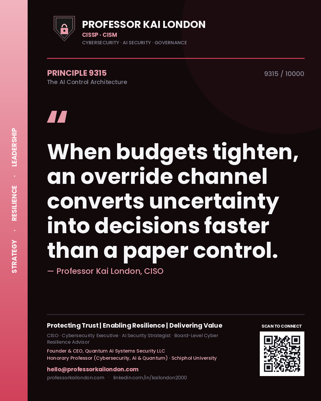 Quote card by Professor Kai London reading 'When budgets tighten, an override channel converts uncertainty into decisions faster than a paper control.'. From the book The AI Control Architecture.