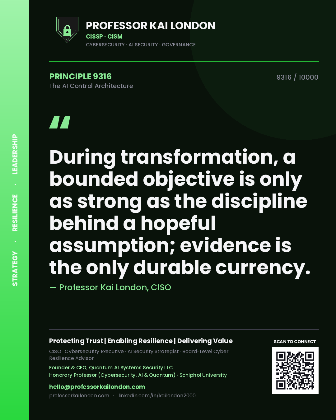 Quote card by Professor Kai London reading 'During transformation, a bounded objective is only as strong as the discipline behind a hopeful assumption; evidence is the only durable currency.'. From the book The AI Control Architecture.