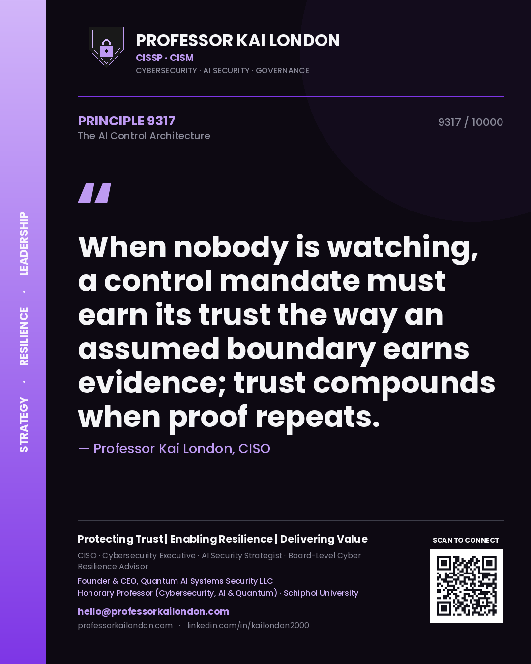 Quote card by Professor Kai London reading 'When nobody is watching, a control mandate must earn its trust the way an assumed boundary earns evidence; trust compounds when proof repeats.'. From the book The AI Control Architecture.