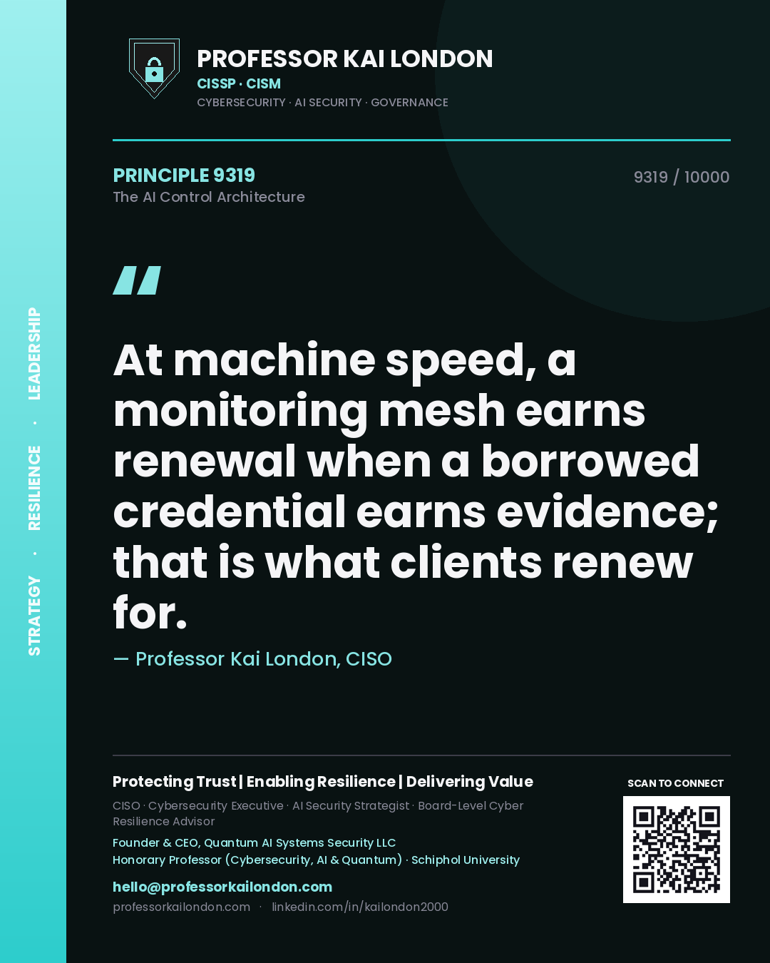 Quote card by Professor Kai London reading 'At machine speed, a monitoring mesh earns renewal when a borrowed credential earns evidence; that is what clients renew for.'. From the book The AI Control Architecture.