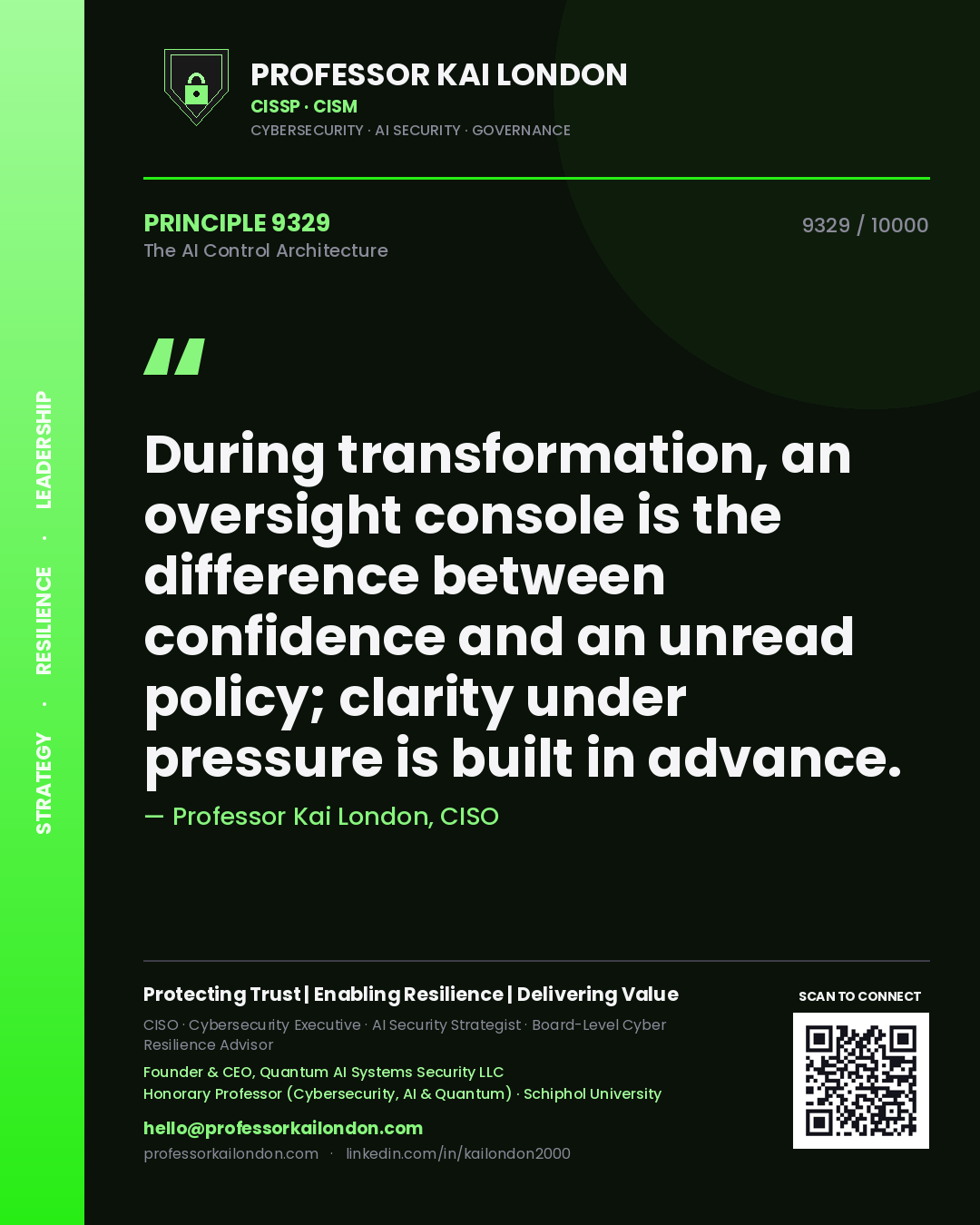Quote card by Professor Kai London reading 'During transformation, an oversight console is the difference between confidence and an unread policy; clarity under pressure is built in advance.'. From the book The AI Control Architecture.