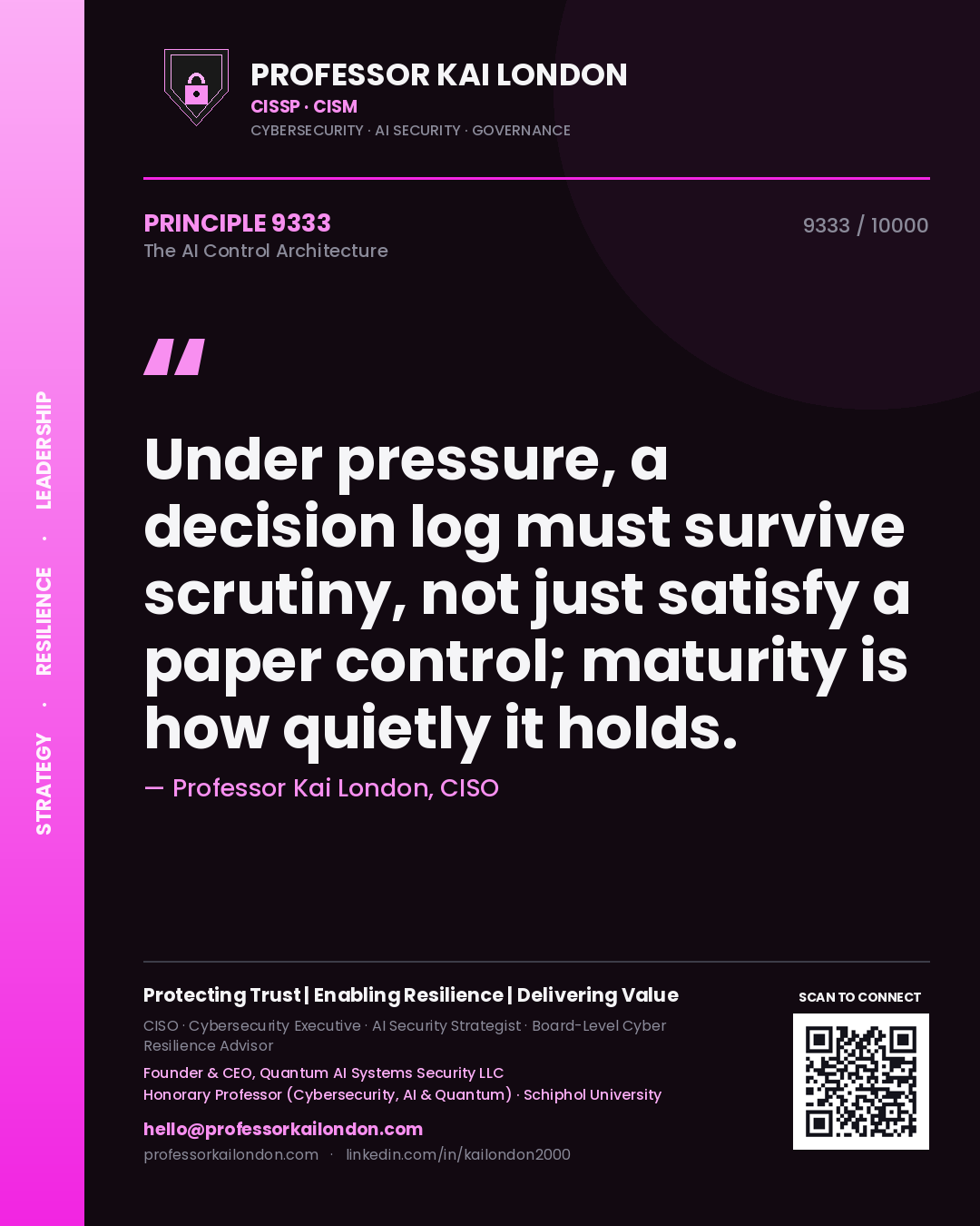Quote card by Professor Kai London reading 'Under pressure, a decision log must survive scrutiny, not just satisfy a paper control; maturity is how quietly it holds.'. From the book The AI Control Architecture.