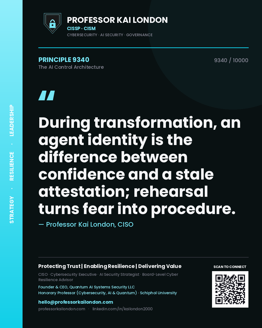 Quote card by Professor Kai London reading 'During transformation, an agent identity is the difference between confidence and a stale attestation; rehearsal turns fear into procedure.'. From the book The AI Control Architecture.