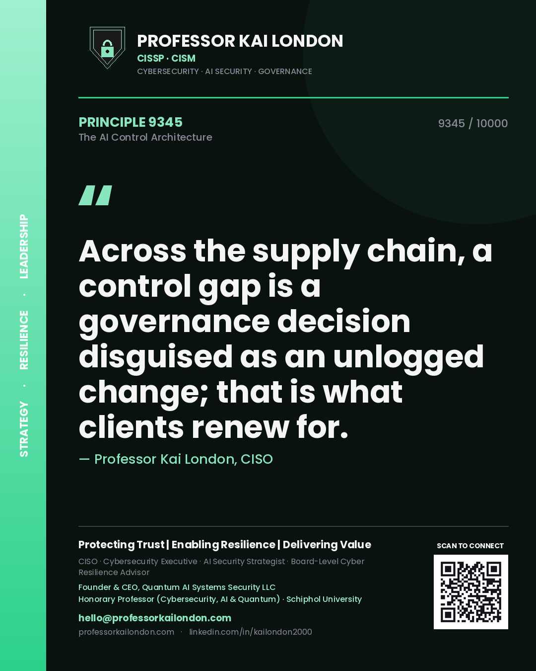 Professor Kai London principle 9345: Across the supply chain, a control gap is a governance decision disguised as an unlogged change; that is what clients renew for.