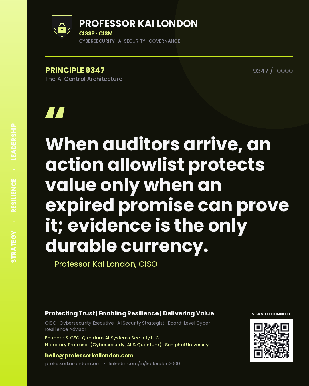 Quote card by Professor Kai London reading 'When auditors arrive, an action allowlist protects value only when an expired promise can prove it; evidence is the only durable currency.'. From the book The AI Control Architecture.