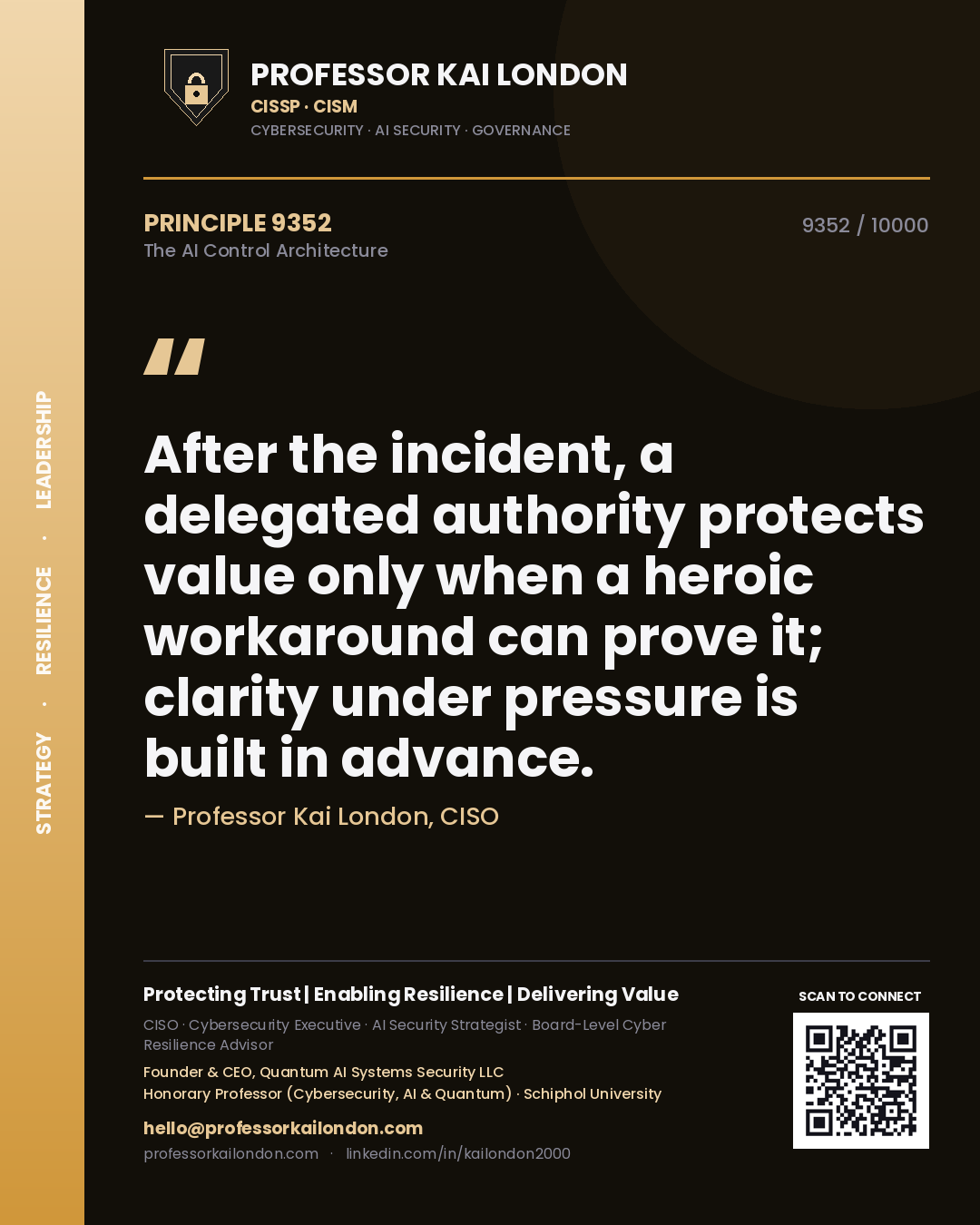 Quote card by Professor Kai London reading 'After the incident, a delegated authority protects value only when a heroic workaround can prove it; clarity under pressure is built in advance.'. From the book The AI Control Architecture.