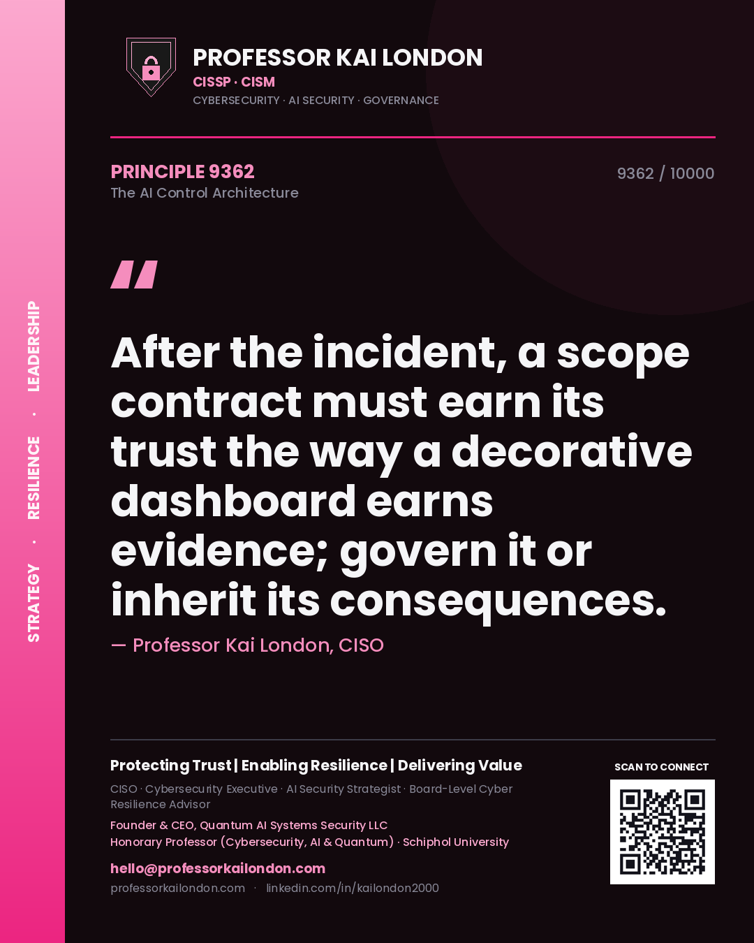 Professor Kai London principle 9362: After the incident, a scope contract must earn its trust the way a decorative dashboard earns evidence; govern it or inherit its consequences.