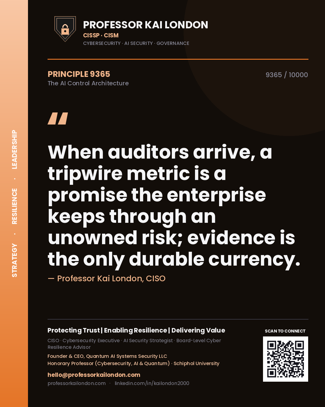 Quote card by Professor Kai London reading 'When auditors arrive, a tripwire metric is a promise the enterprise keeps through an unowned risk; evidence is the only durable currency.'. From the book The AI Control Architecture.