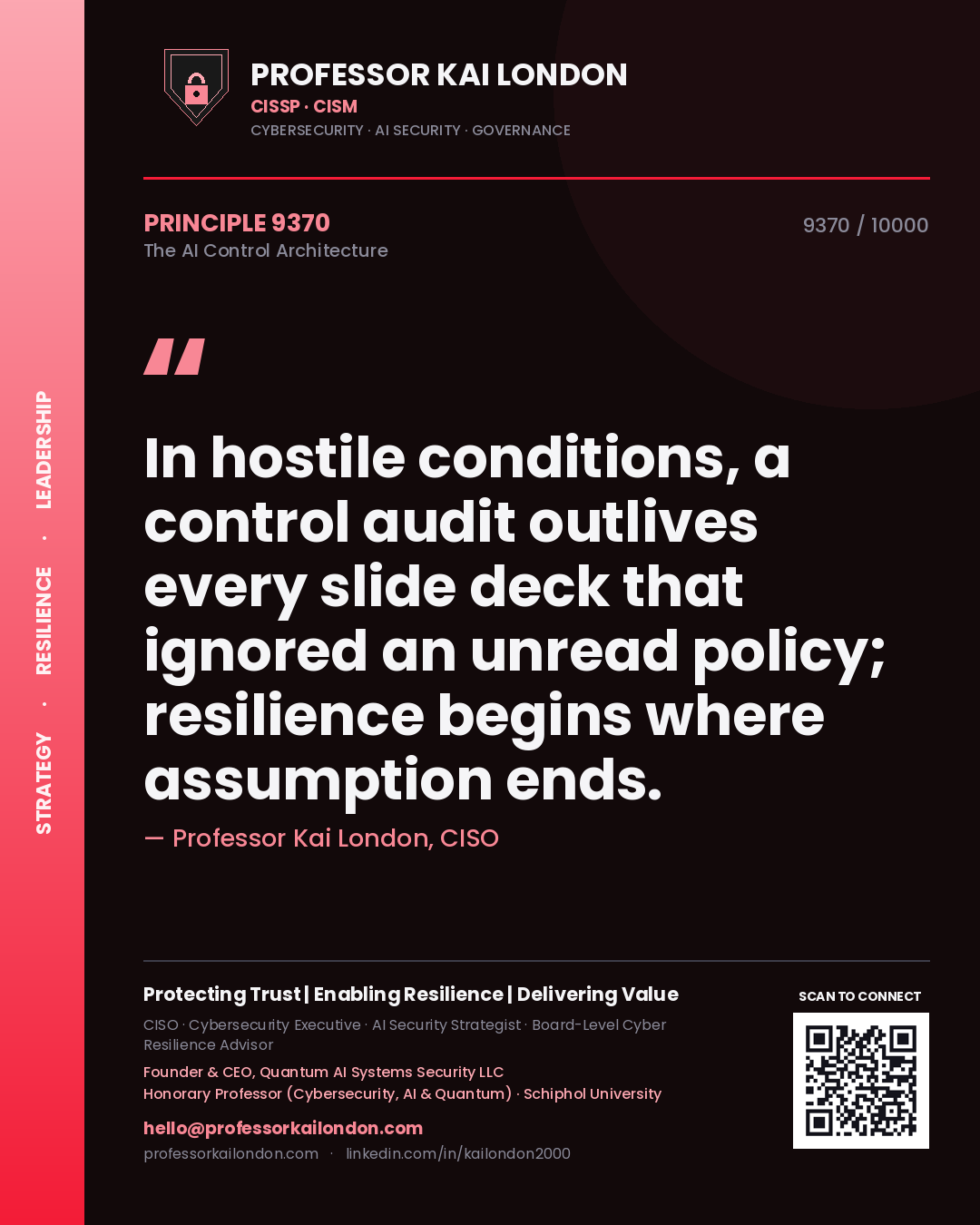 Quote card by Professor Kai London reading 'In hostile conditions, a control audit outlives every slide deck that ignored an unread policy; resilience begins where assumption ends.'. From the book The AI Control Architecture.