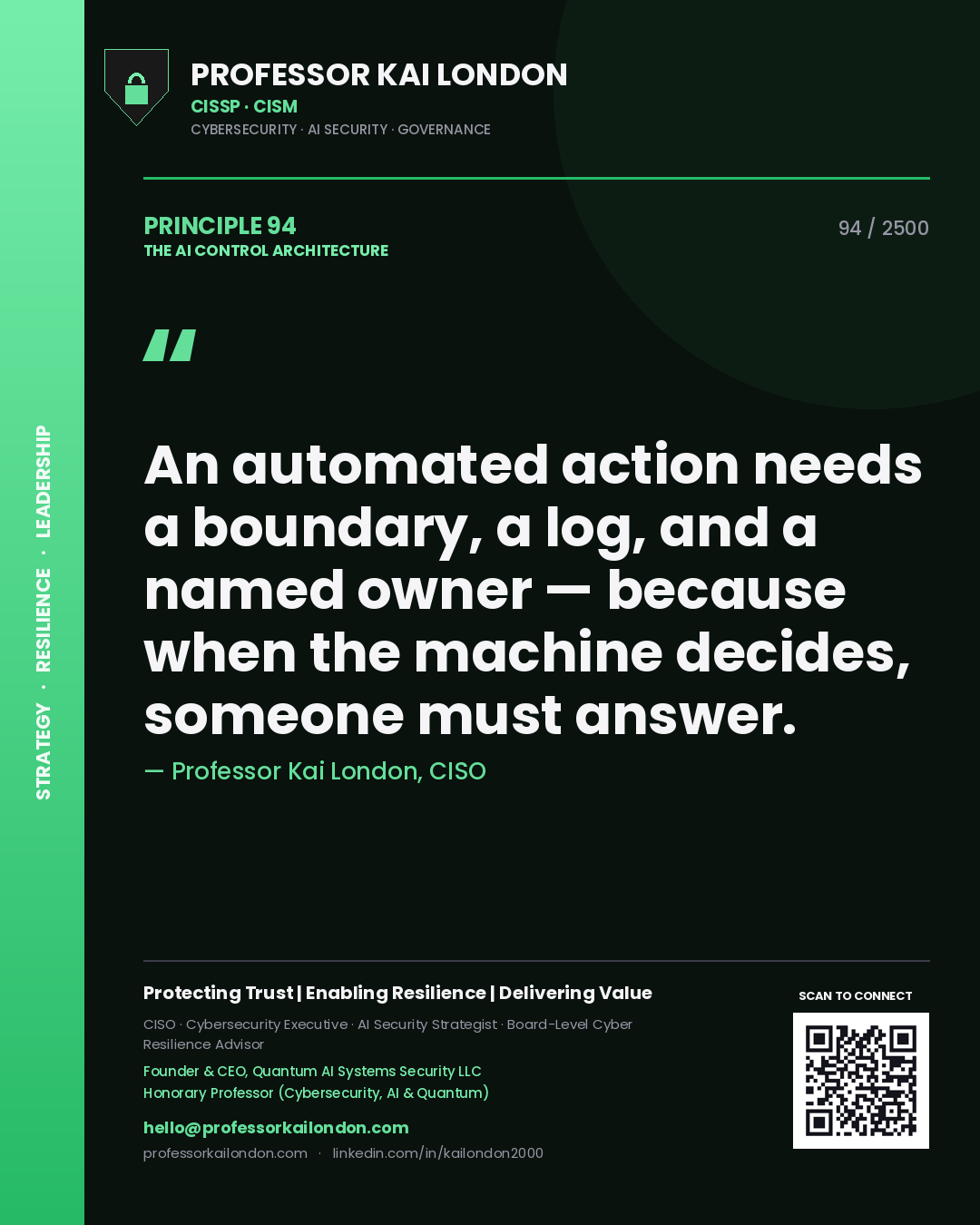 Quote card by Professor Kai London reading 'An automated action needs a boundary, a log, and a named owner — because when the machine decides, someone must answer.'. From the book The AI Control Architecture.