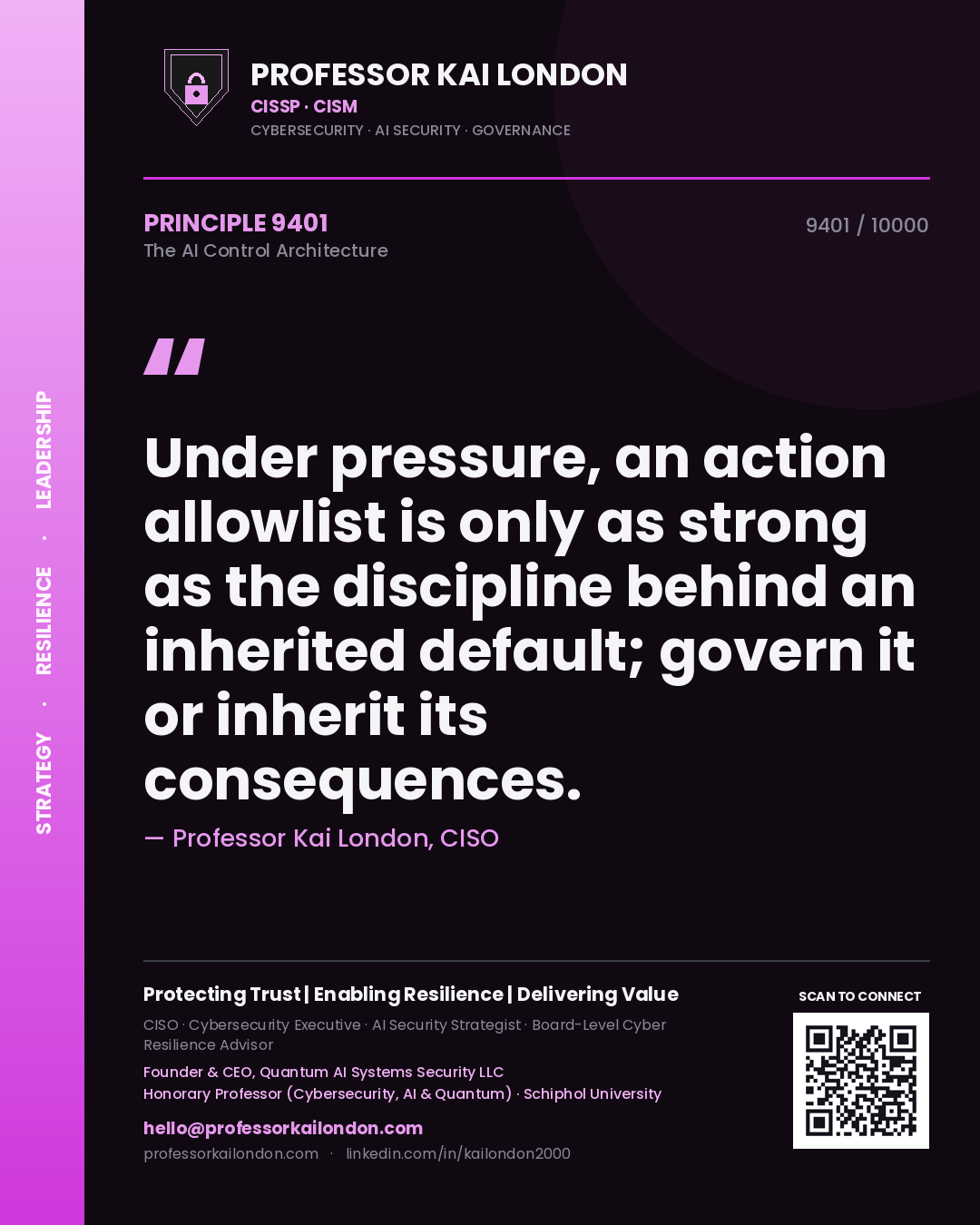 Professor Kai London principle 9401: Under pressure, an action allowlist is only as strong as the discipline behind an inherited default; govern it or inherit its consequences.