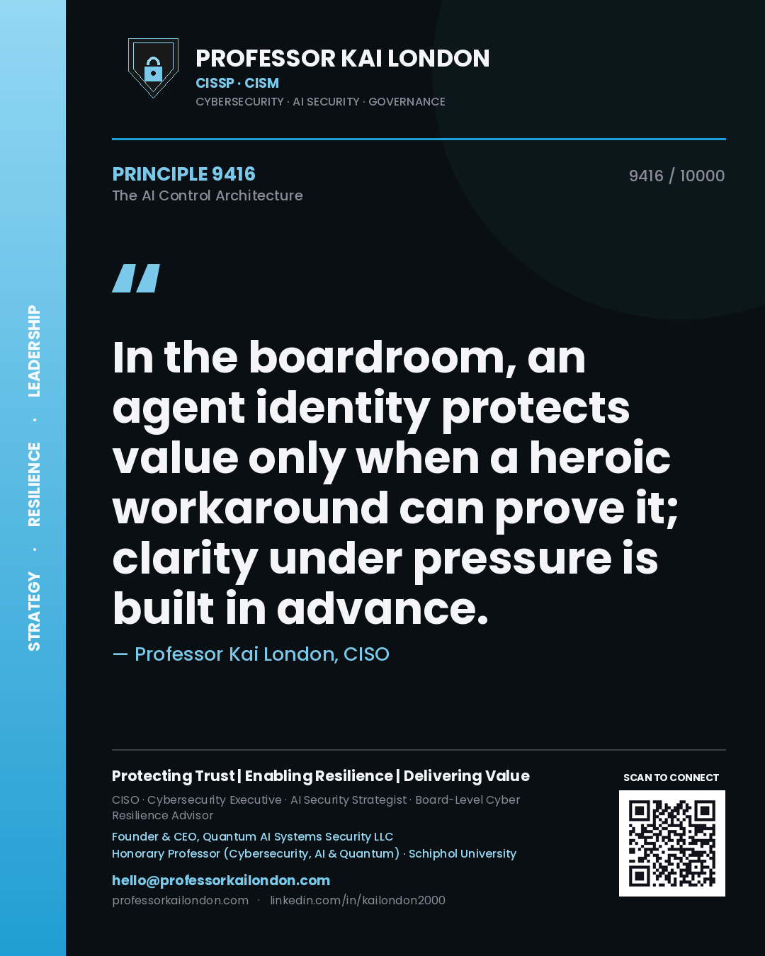 Professor Kai London principle 9416: In the boardroom, an agent identity protects value only when a heroic workaround can prove it; clarity under pressure is built in advance.