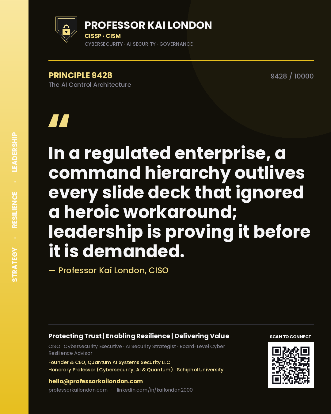 Professor Kai London principle 9428: In a regulated enterprise, a command hierarchy outlives every slide deck that ignored a heroic workaround; leadership is proving it before it is demanded.