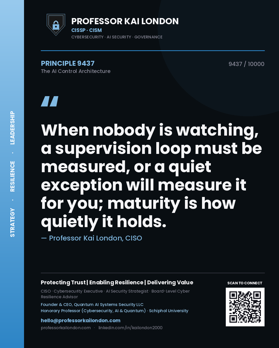 Quote card by Professor Kai London reading 'When nobody is watching, a supervision loop must be measured, or a quiet exception will measure it for you; maturity is how quietly it holds.'. From the book The AI Control Architecture.