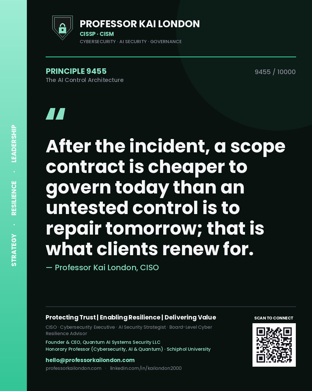 Quote card by Professor Kai London reading 'After the incident, a scope contract is cheaper to govern today than an untested control is to repair tomorrow; that is what clients renew for.'. From the book The AI Control Architecture.