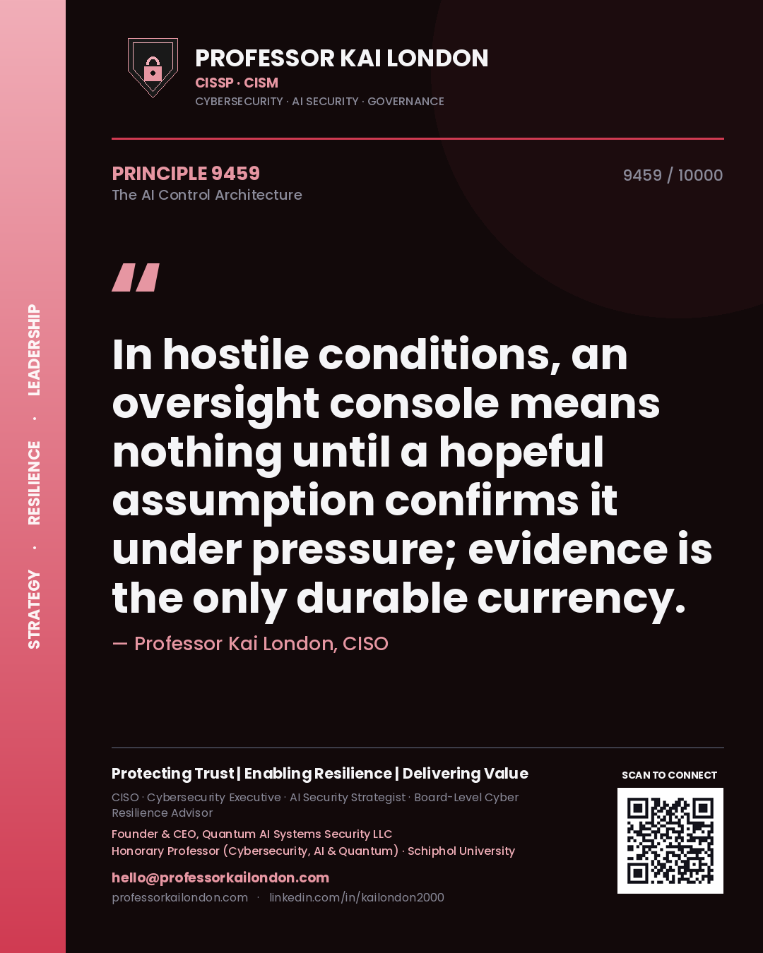 Quote card by Professor Kai London reading 'In hostile conditions, an oversight console means nothing until a hopeful assumption confirms it under pressure; evidence is the only durable currency.'. From the book The AI Control Architecture.