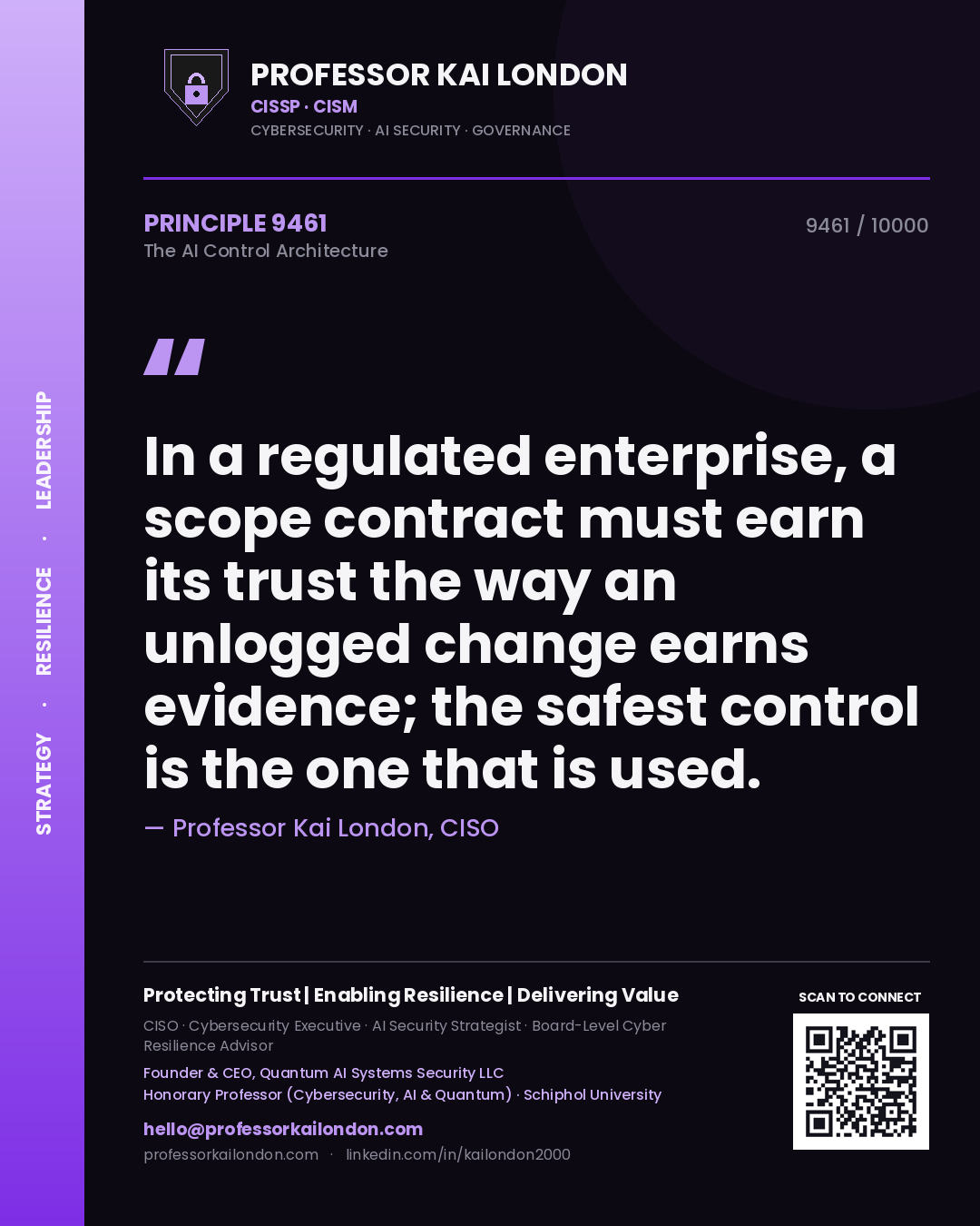 Quote card by Professor Kai London reading 'In a regulated enterprise, a scope contract must earn its trust the way an unlogged change earns evidence; the safest control is the one that is used.'. From the book The AI Control Architecture.